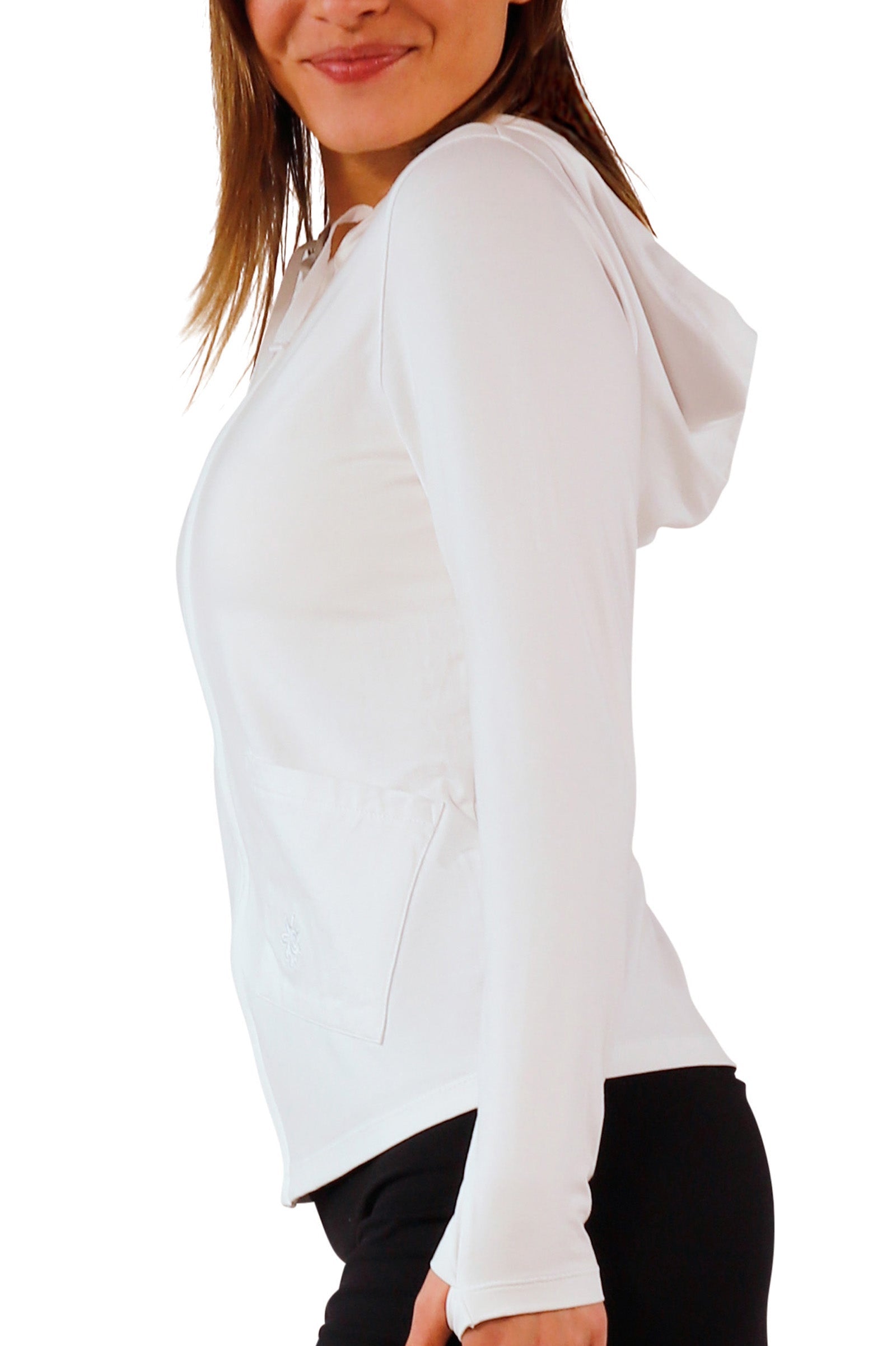 side view of women's hooded everyday jacket in white|white