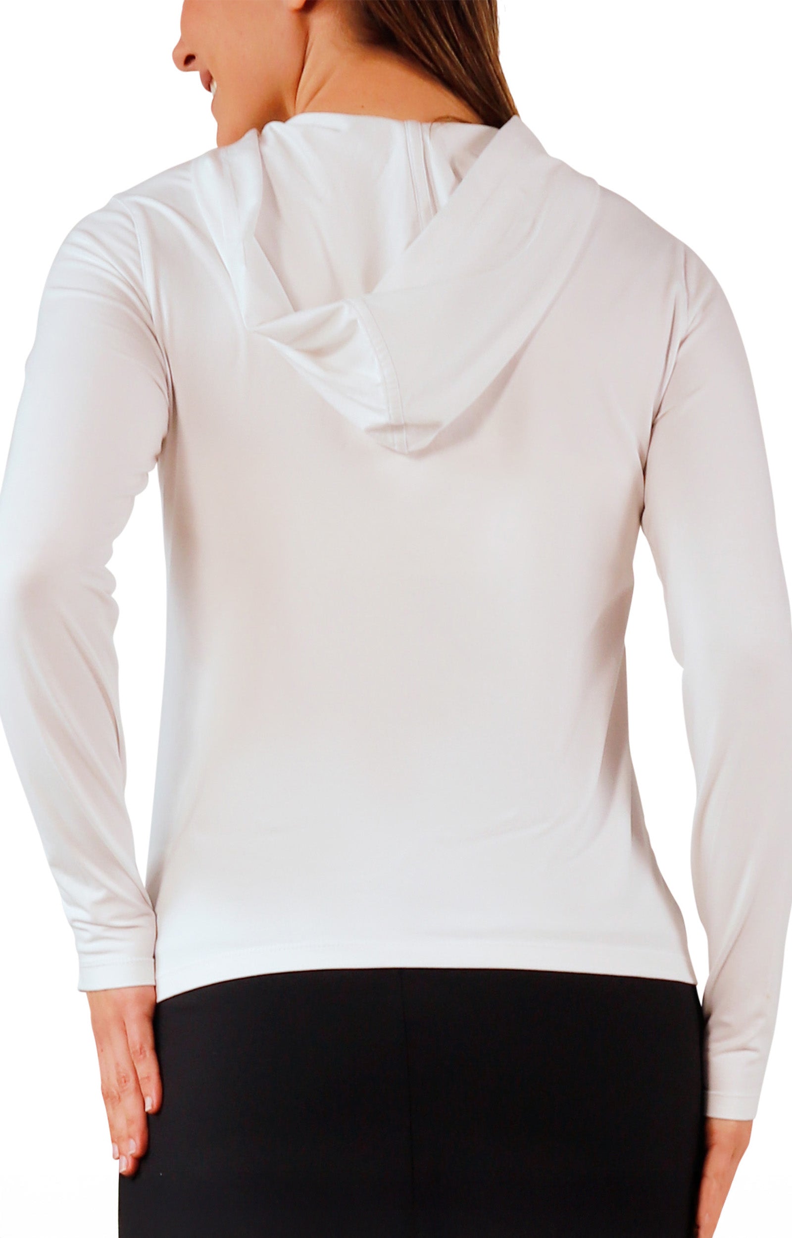 back view of women's hooded everyday jacket in white|white