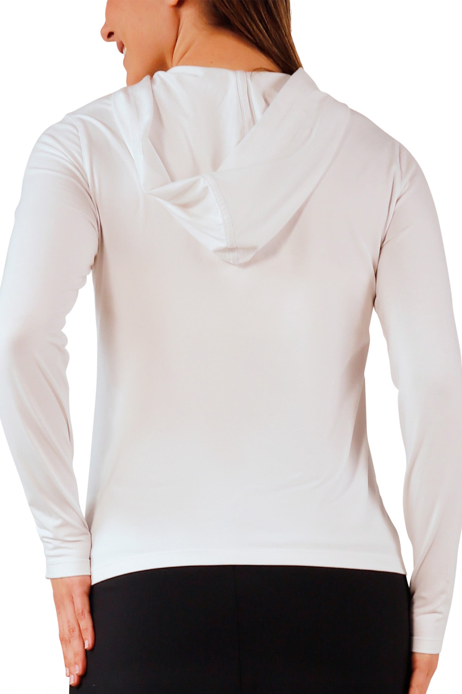 back view of women's hooded everyday jacket in white|white