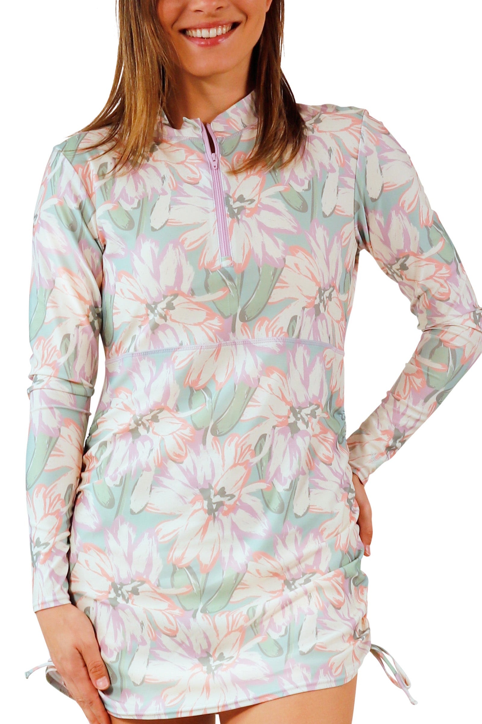 woman in women's convertible swim shirtdress in aurora bloom|aurora-bloom