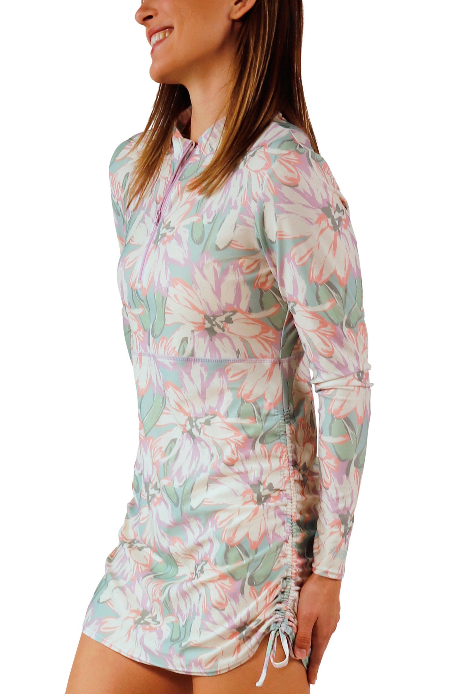 side view of woman in women's convertible swim shirtdress in aurora bloom|aurora-bloom