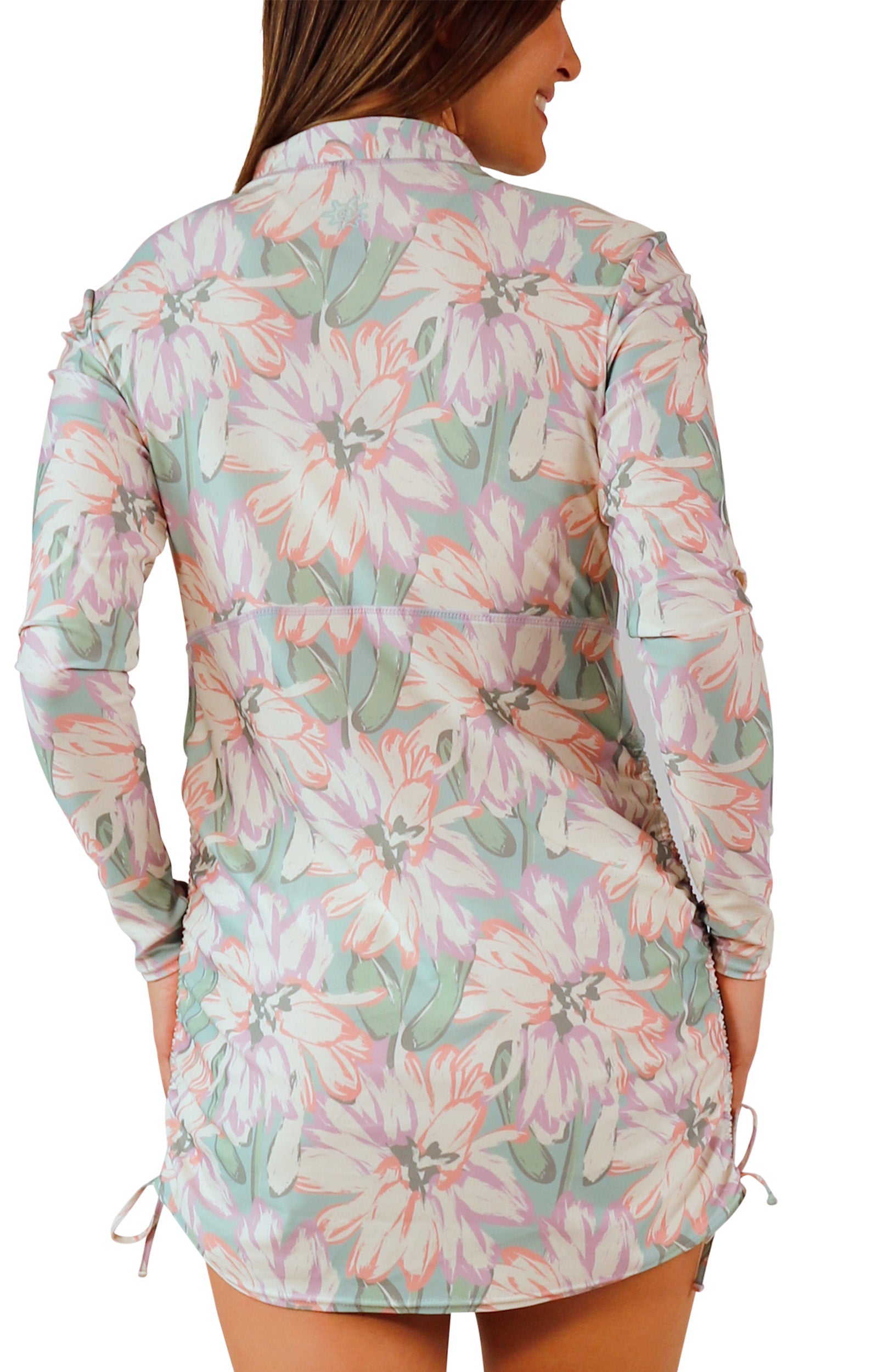 back view of woman in women's convertible swim shirtdress in aurora bloom|aurora-bloom
