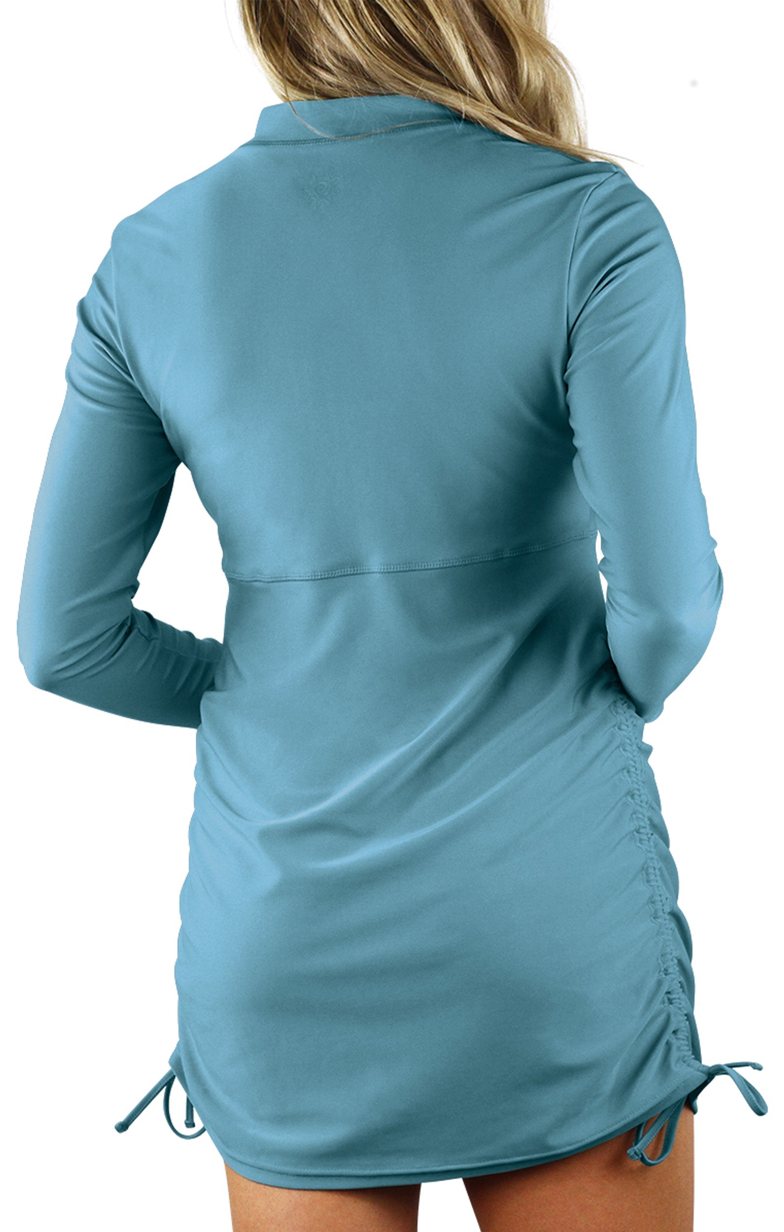 back of the women's swim dress in lagoon|lagoon