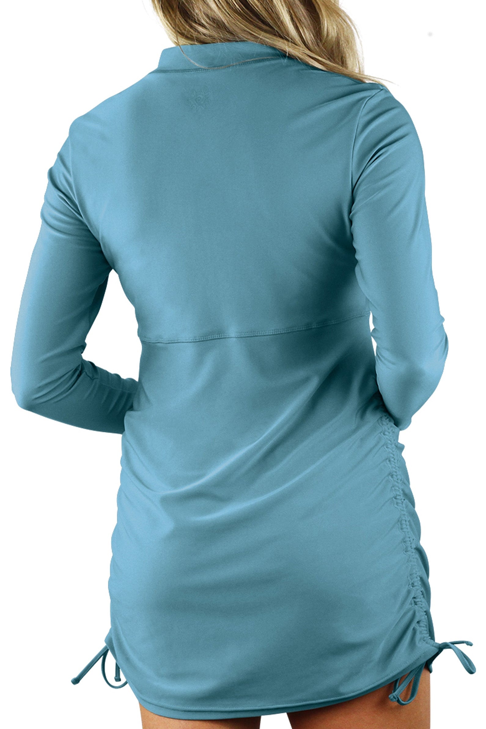 back of the women's swim dress in lagoon|lagoon