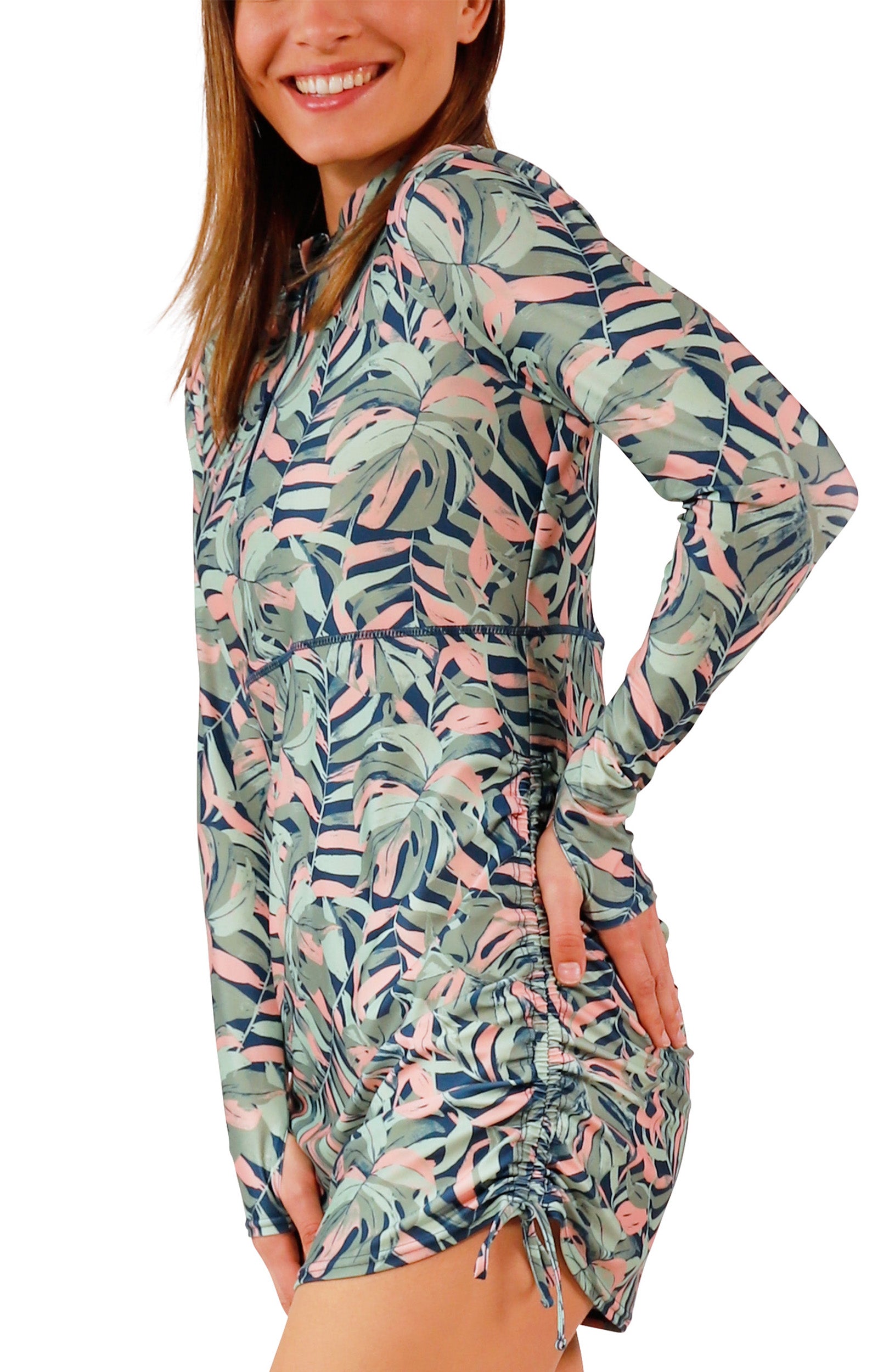 side view of woman in convertible swim shirtdress in moonlit canopy|moonlit-canopy