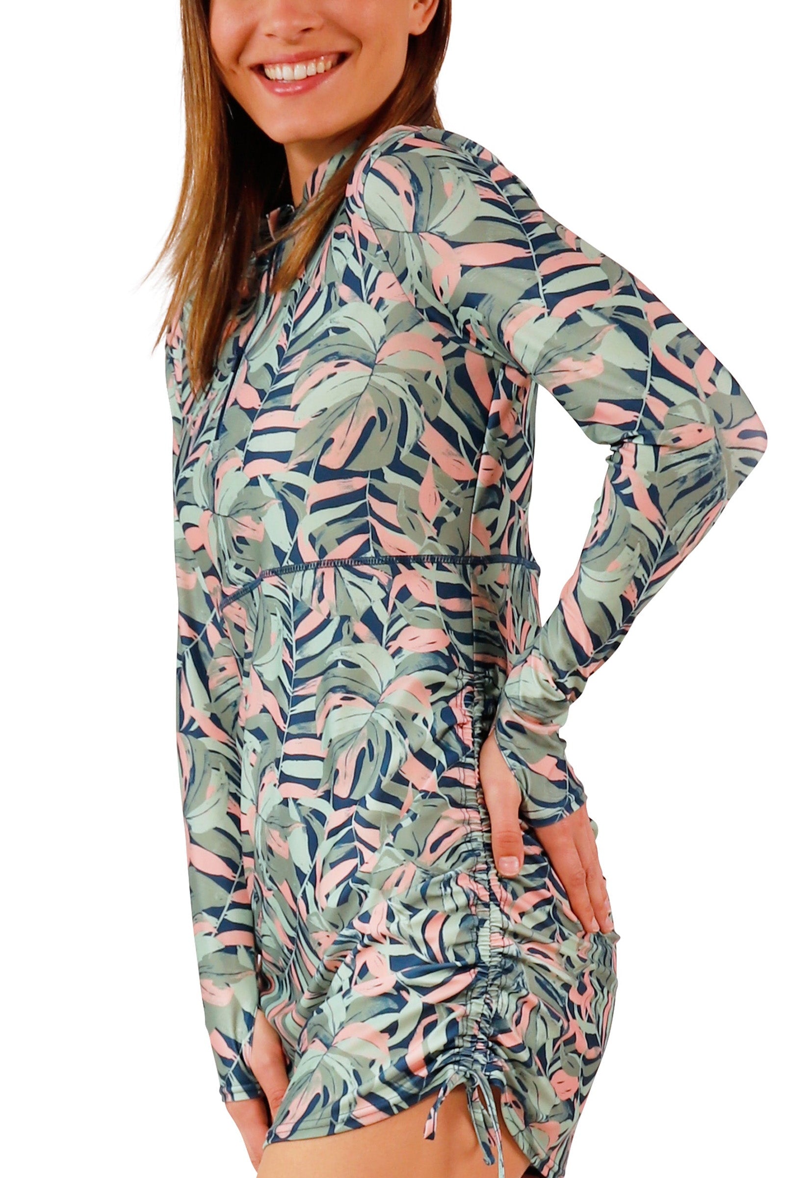 side view of woman in convertible swim shirtdress in moonlit canopy|moonlit-canopy
