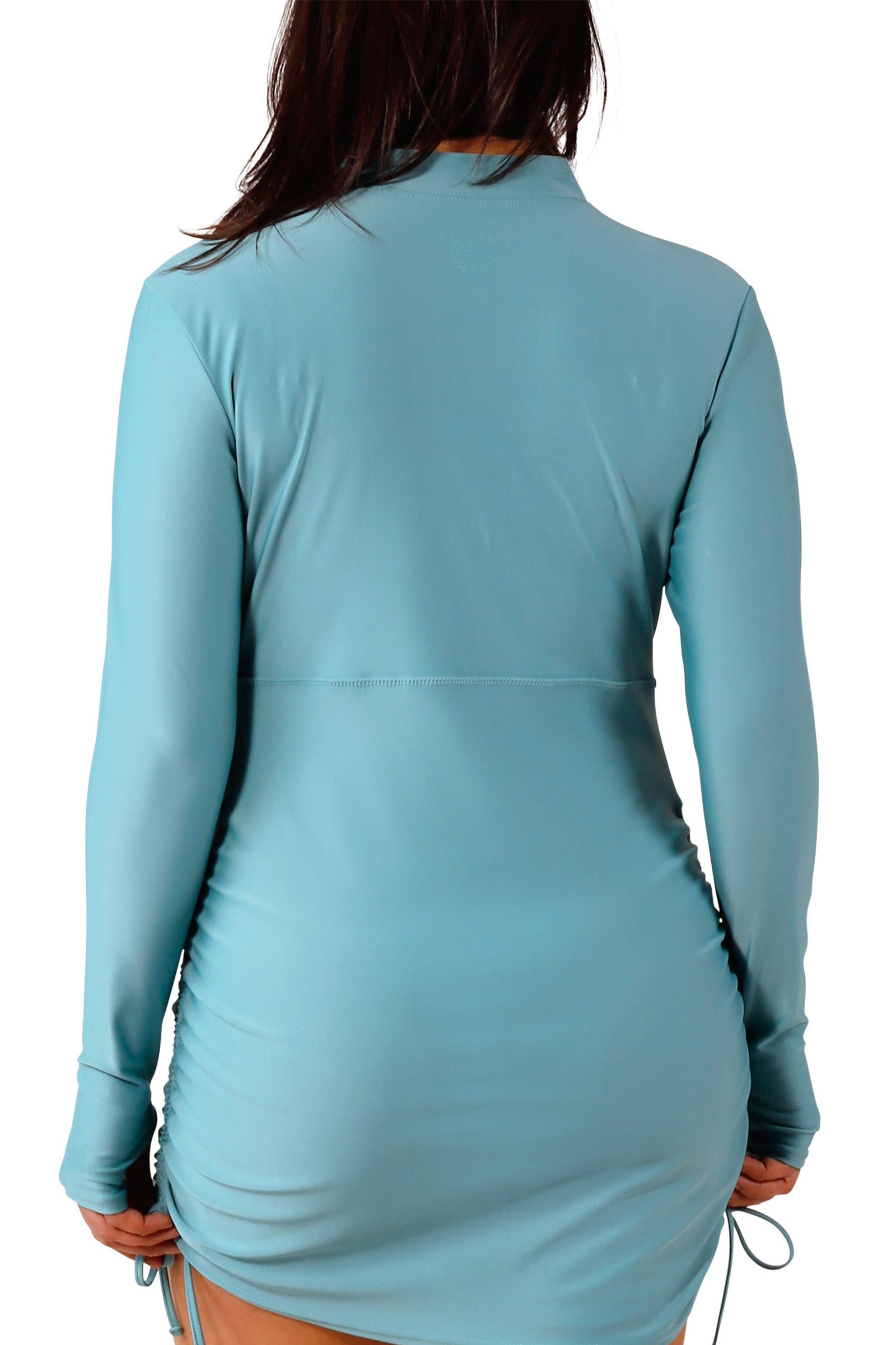 back view of women's convertible swim shirtdress in river|river