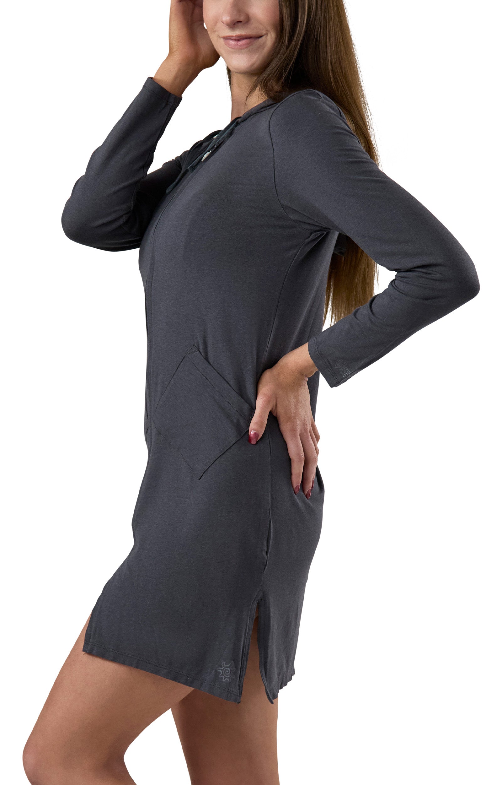 Back of the Women's Full Length UPF 50+ Jacket in Charcoal|charcoal
