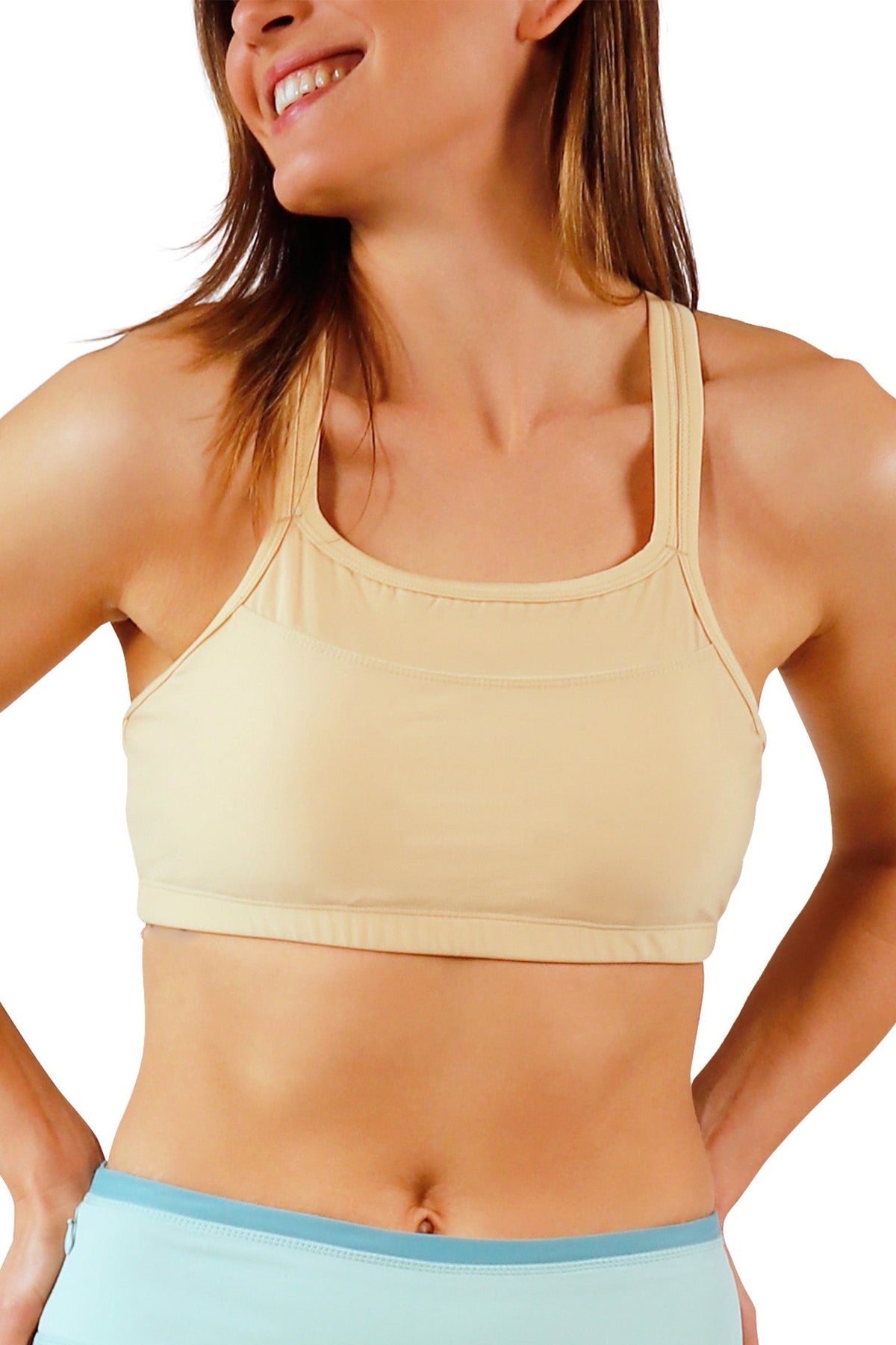 front womens crisscross swim bra|beige