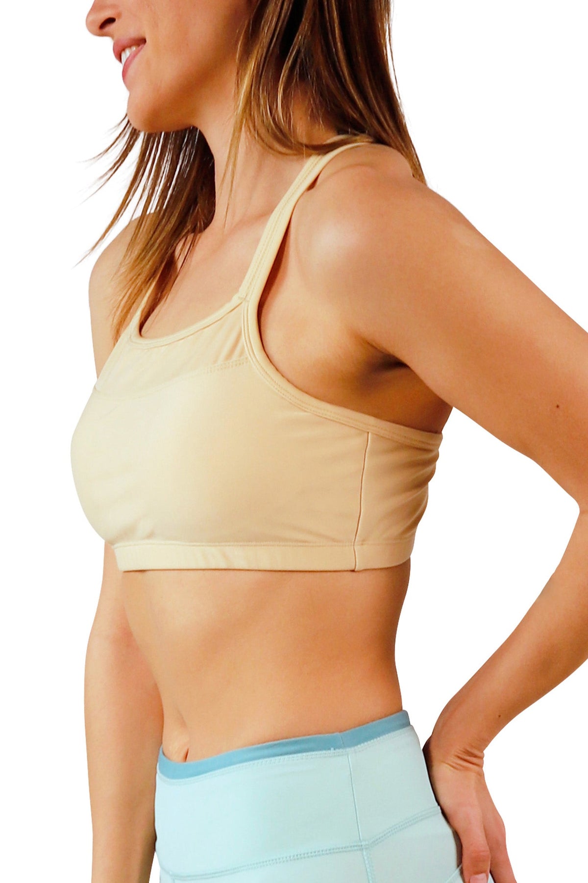side of womens crisscross swim bra|beige