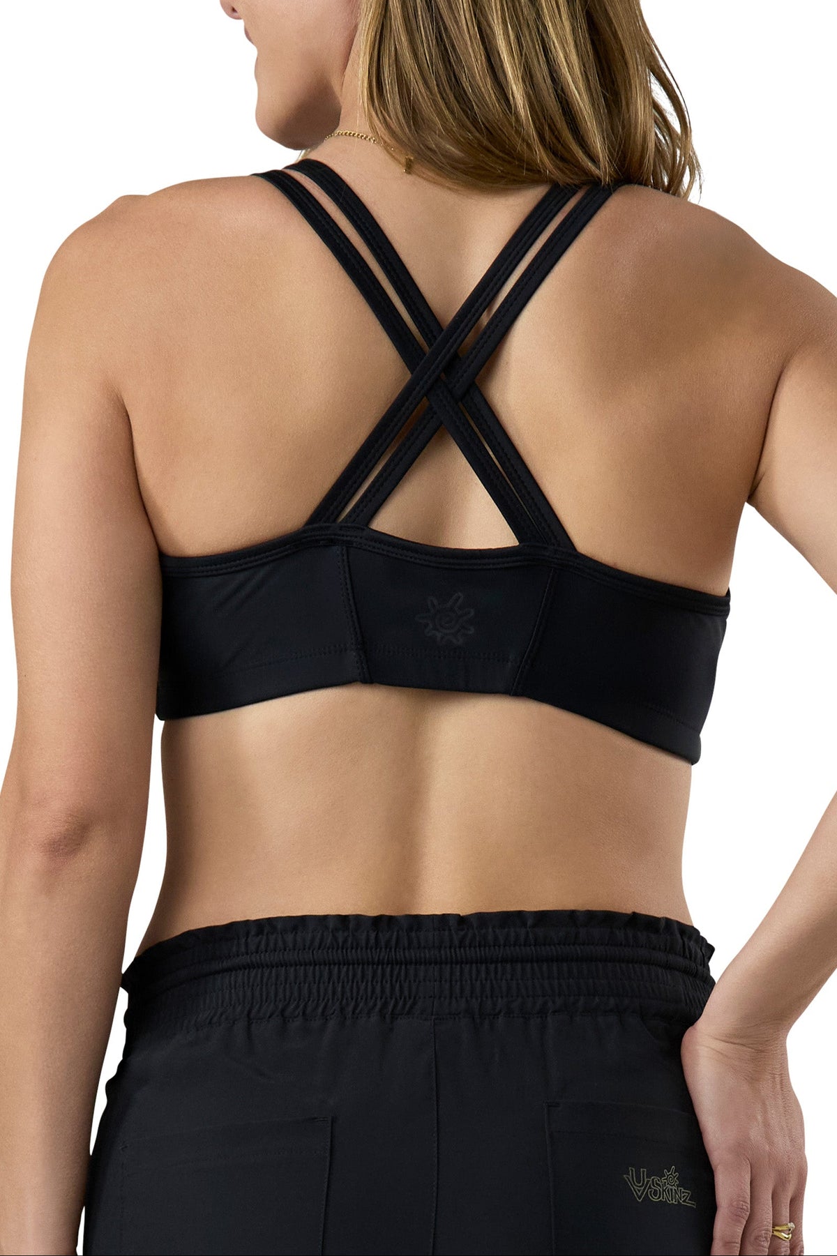 back of the women's crisscross swim bra in black|black