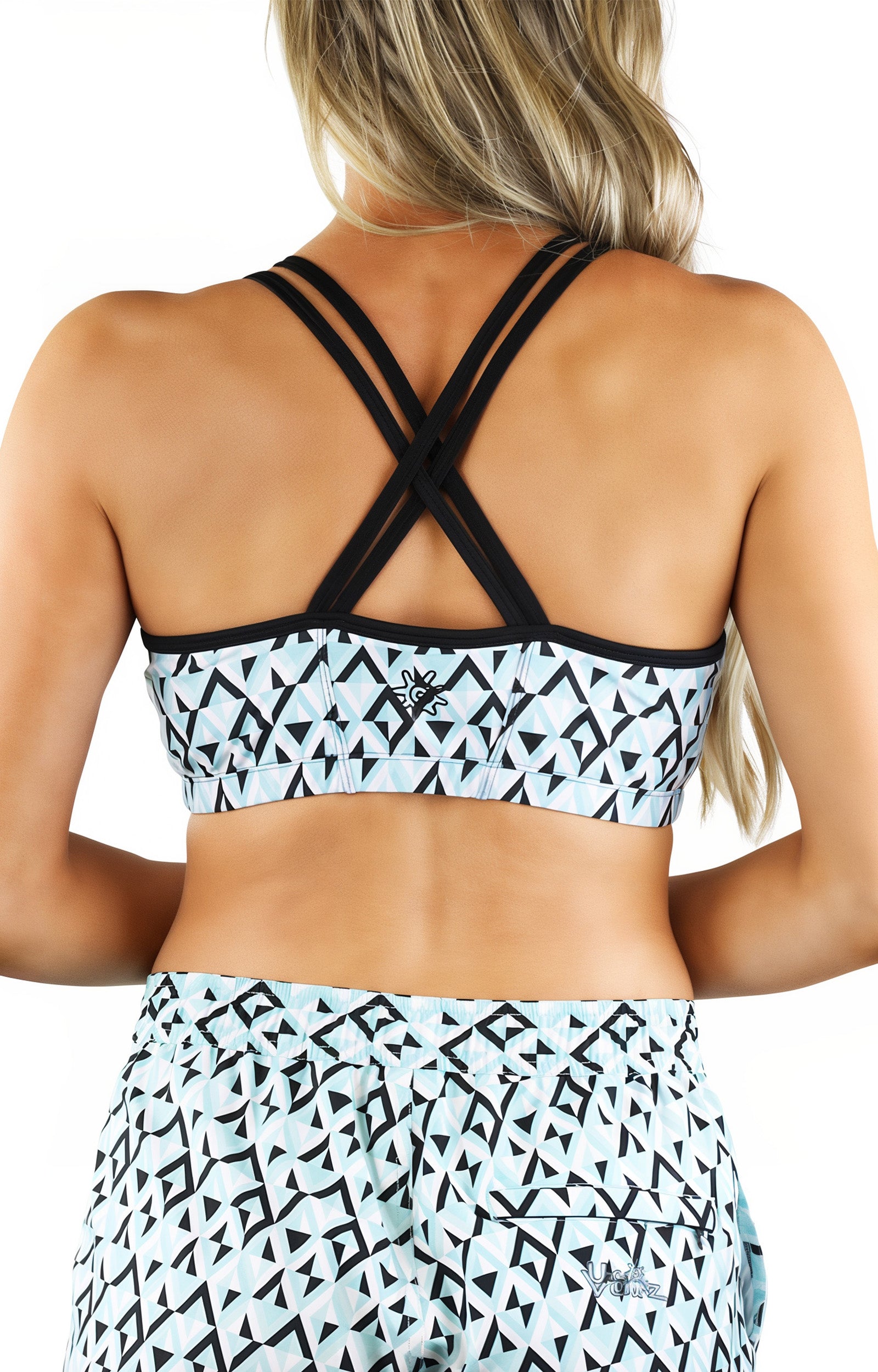 back of the women's crisscross swim bra in black jewels|black-jewels