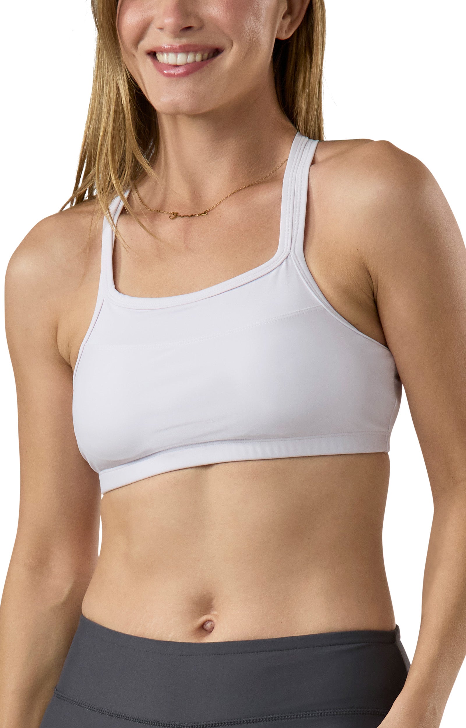 front of the UV Skinz's women's crisscross swim bra in white|white