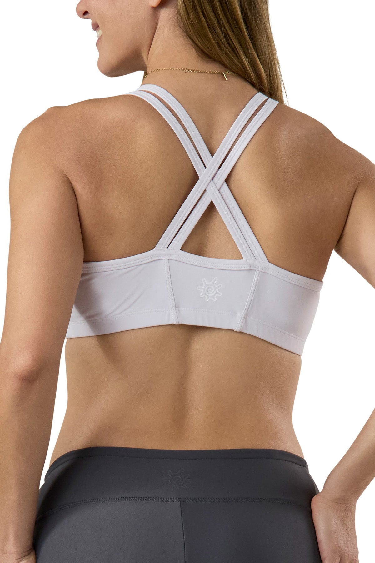 back of the UV Skinz's women's crisscross swim bra in white|white
