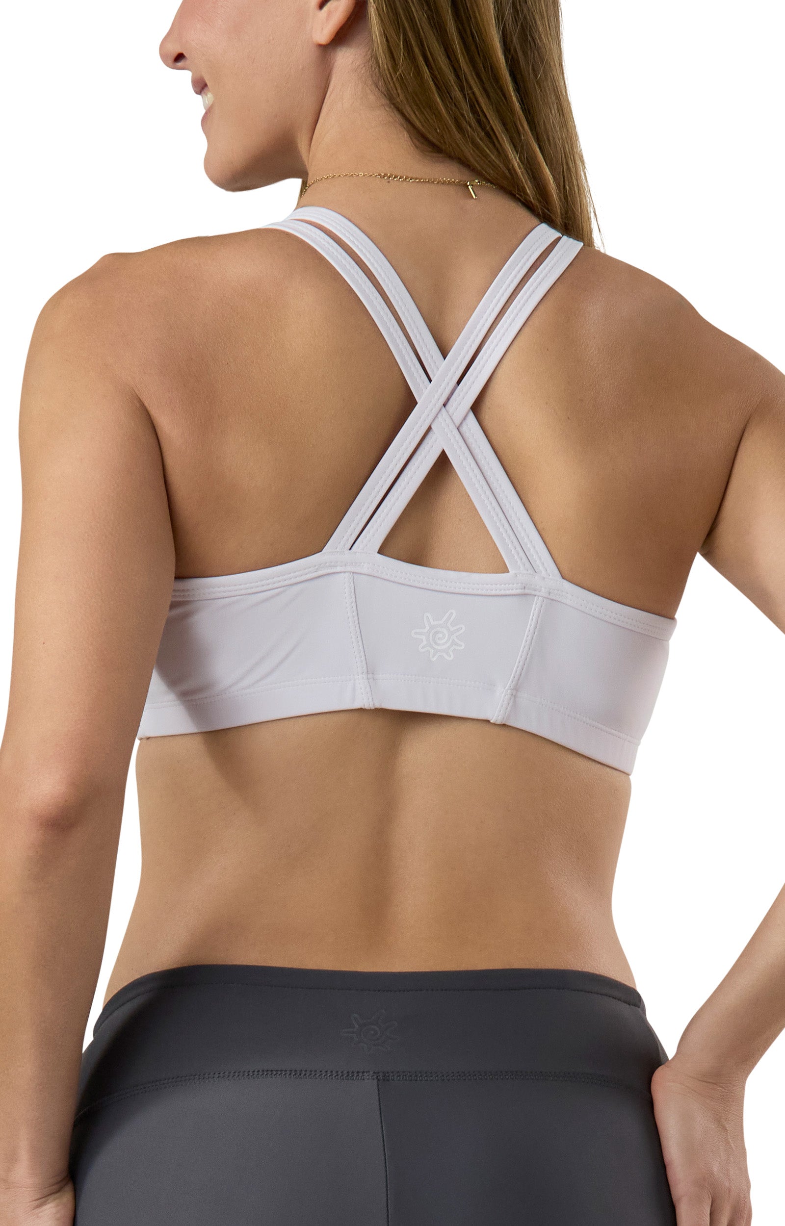 back of the UV Skinz's women's crisscross swim bra in white|white