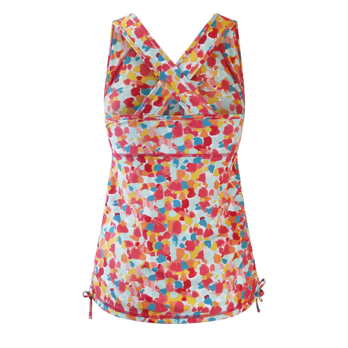 Back of women's swim ruched tank top in berry sea glass|berry-sea-glass