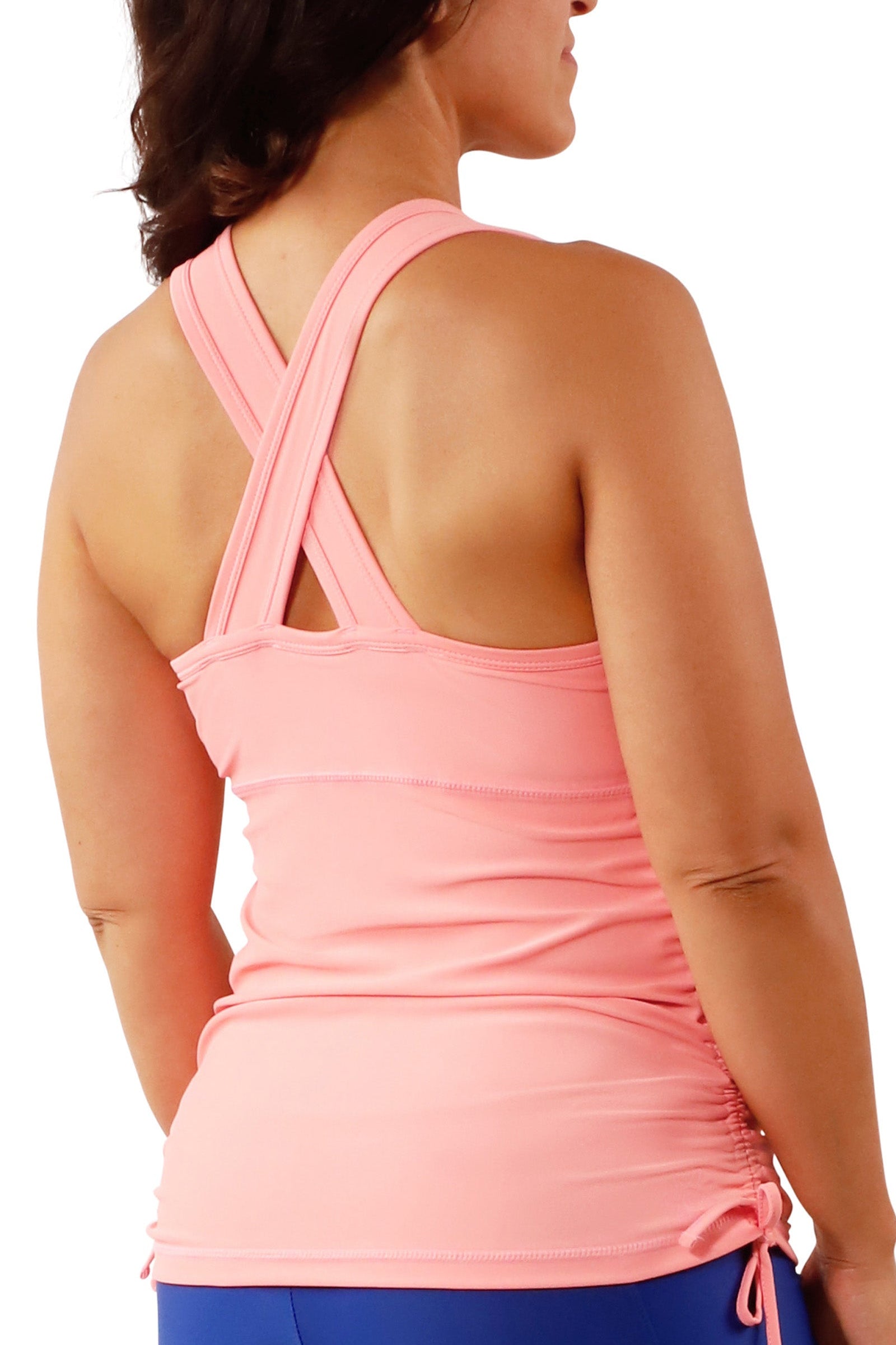 back view of women's ruched swim tank top in flamingo|flamingo