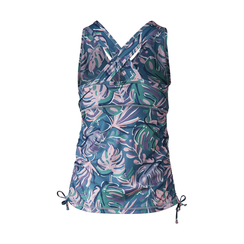 Back of women's ruched swim tank top in pastel palms|pastel-palms