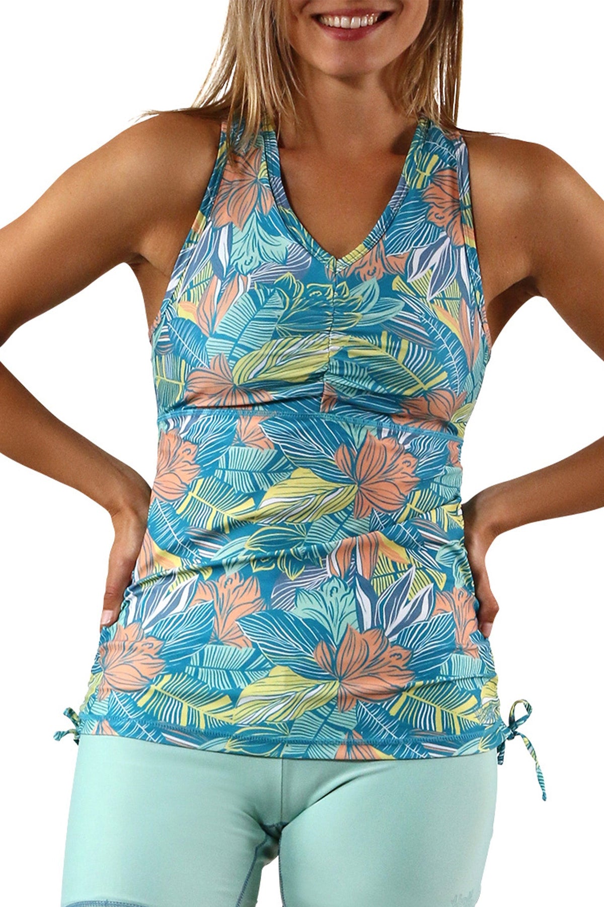 Women's ruched swim tank top in caribbean tropics|caribbean-tropics
