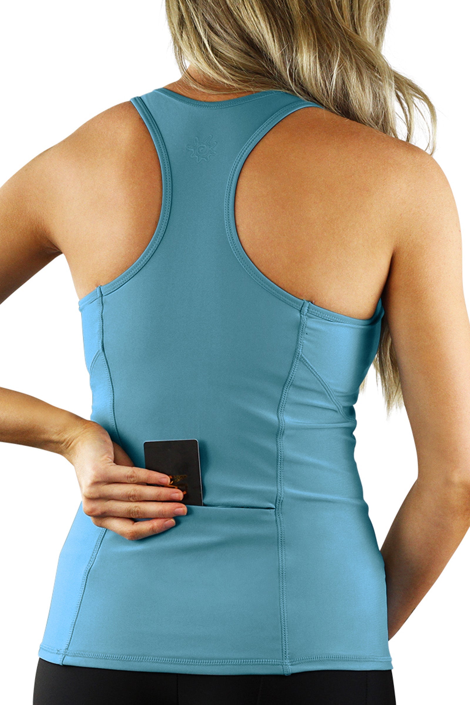 Pocket view of UV Skinz's women's racerback swim tank in lagoon|lagoon