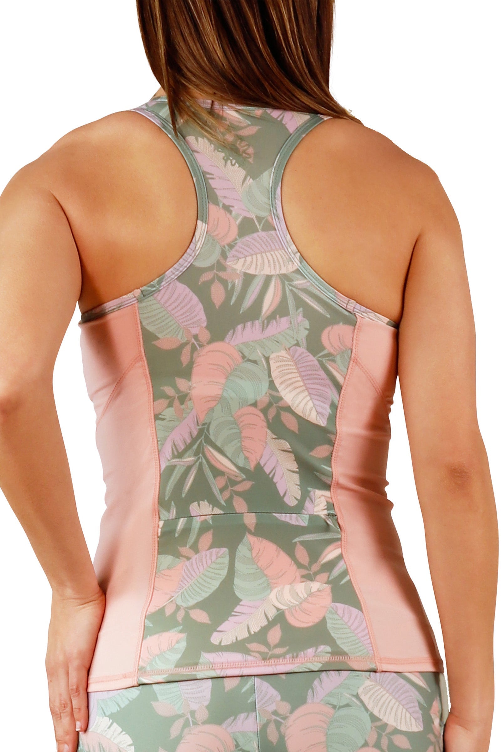 back view of womens racerback swim tank in lily pad leavescape|lily-pad-leavescape