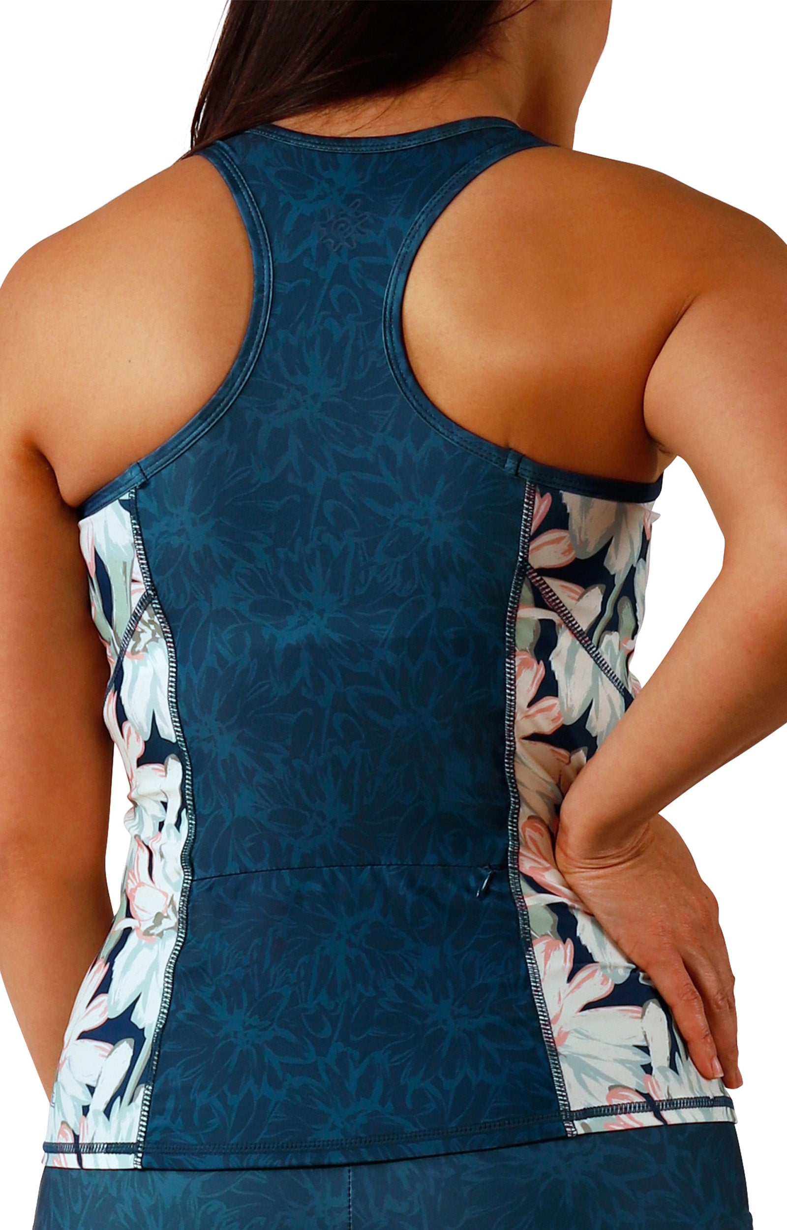 back view of women's racerback swim tank in midnight garden|midnight-garden