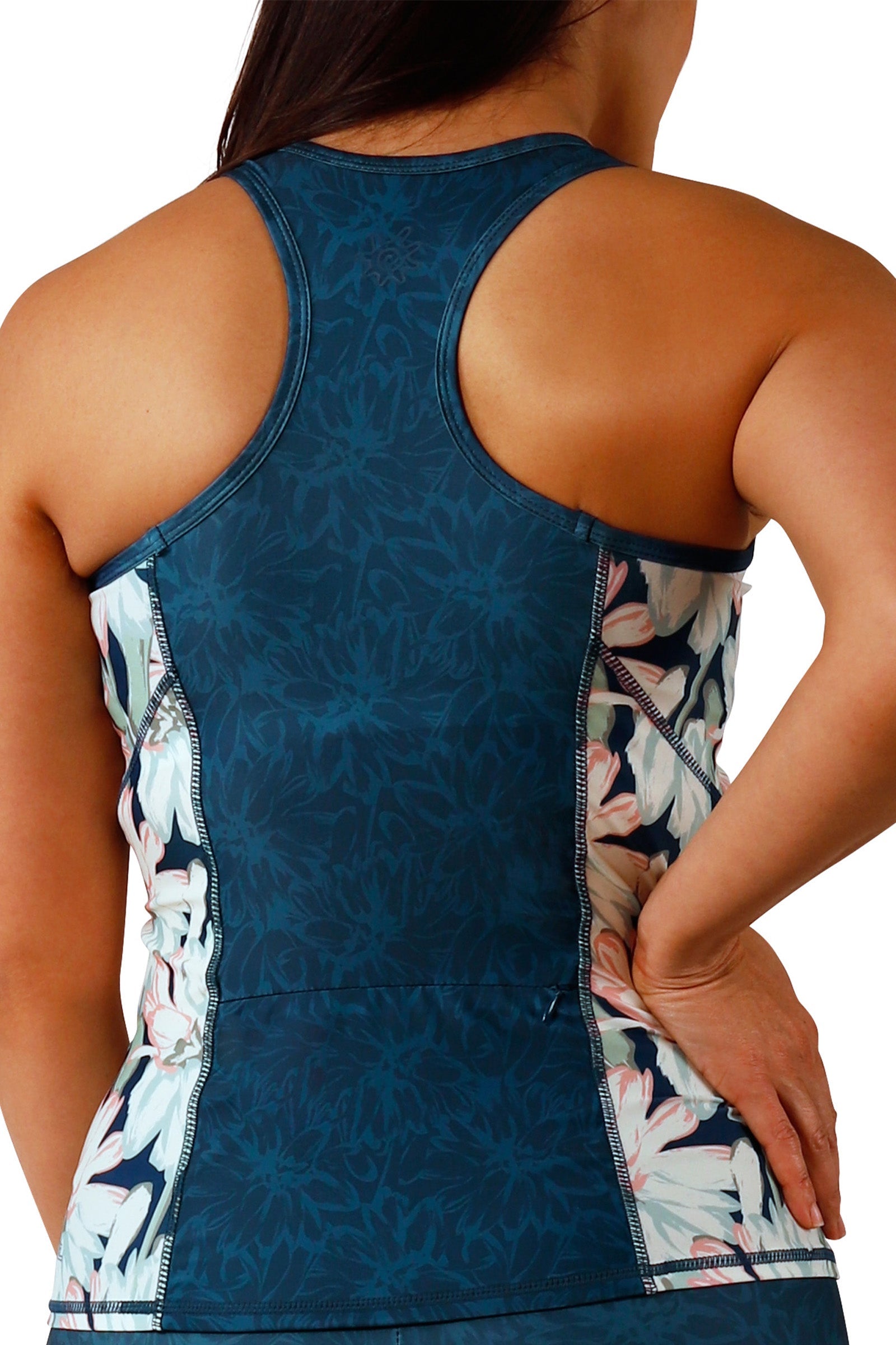 back view of women's racerback swim tank in midnight garden|midnight-garden