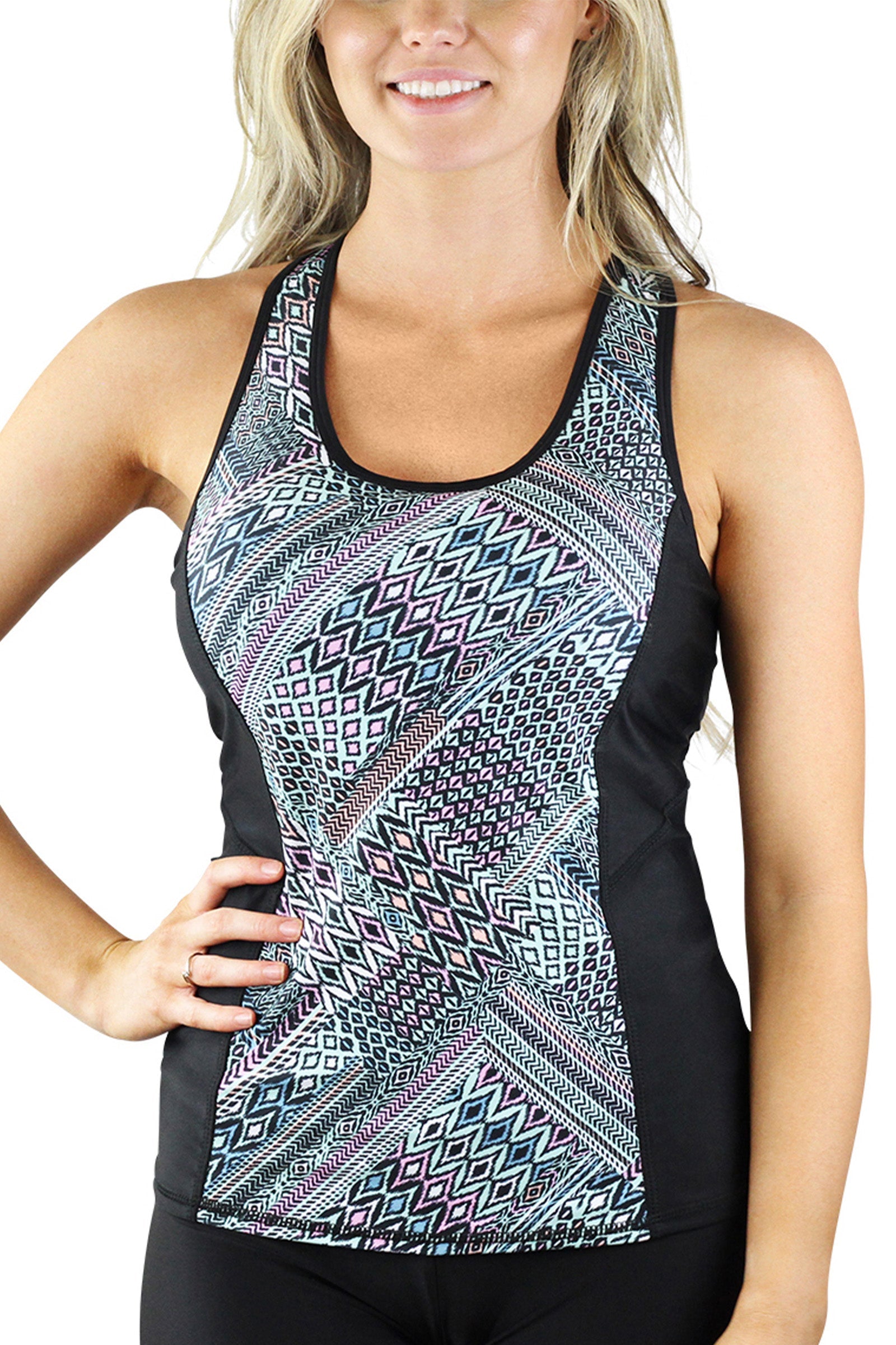 UV Skinz's women's racerback swim tank in mixed motif|mixed-motif