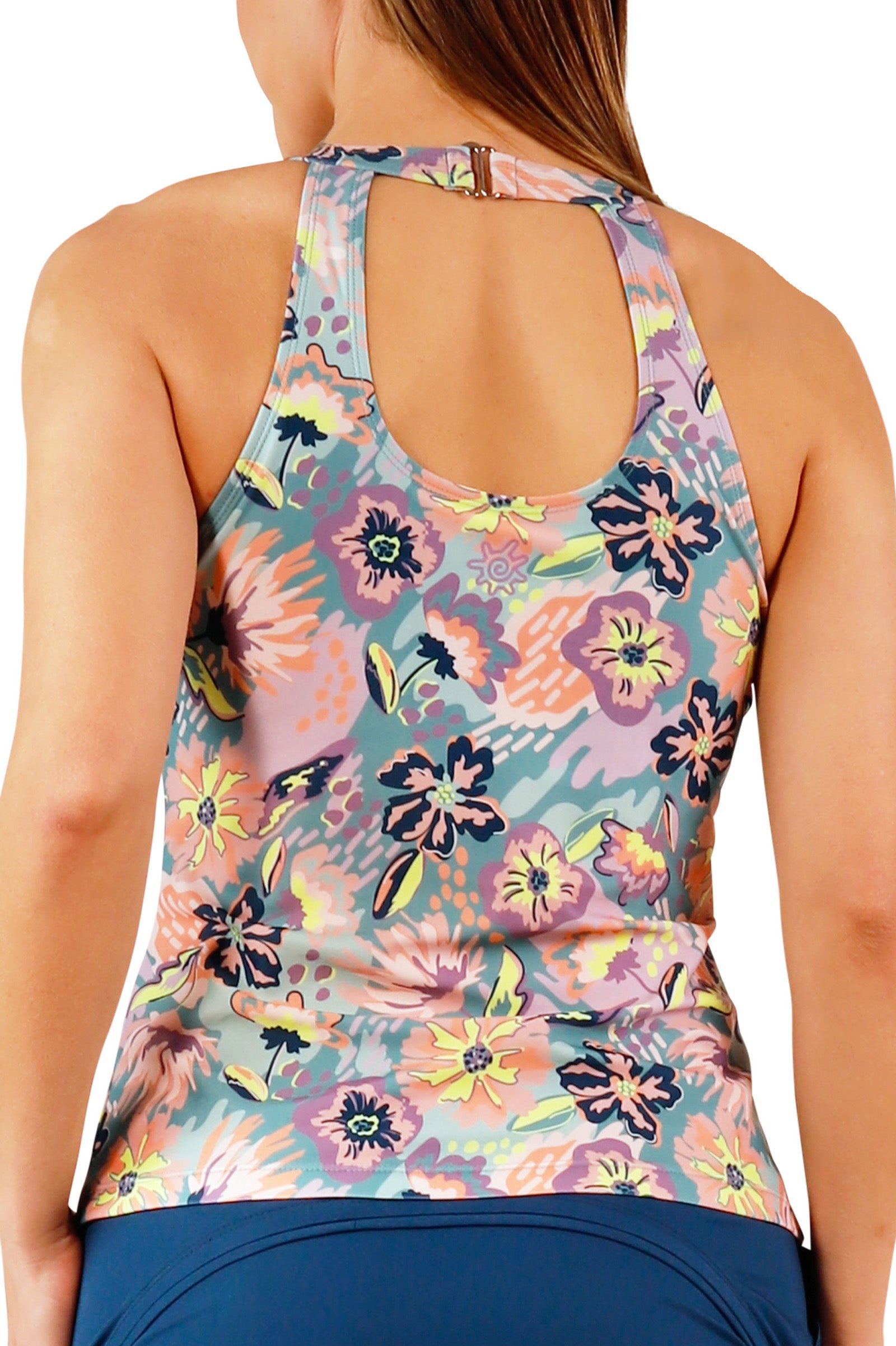 back view of women's high neck tankini in florida floral|florida-floral