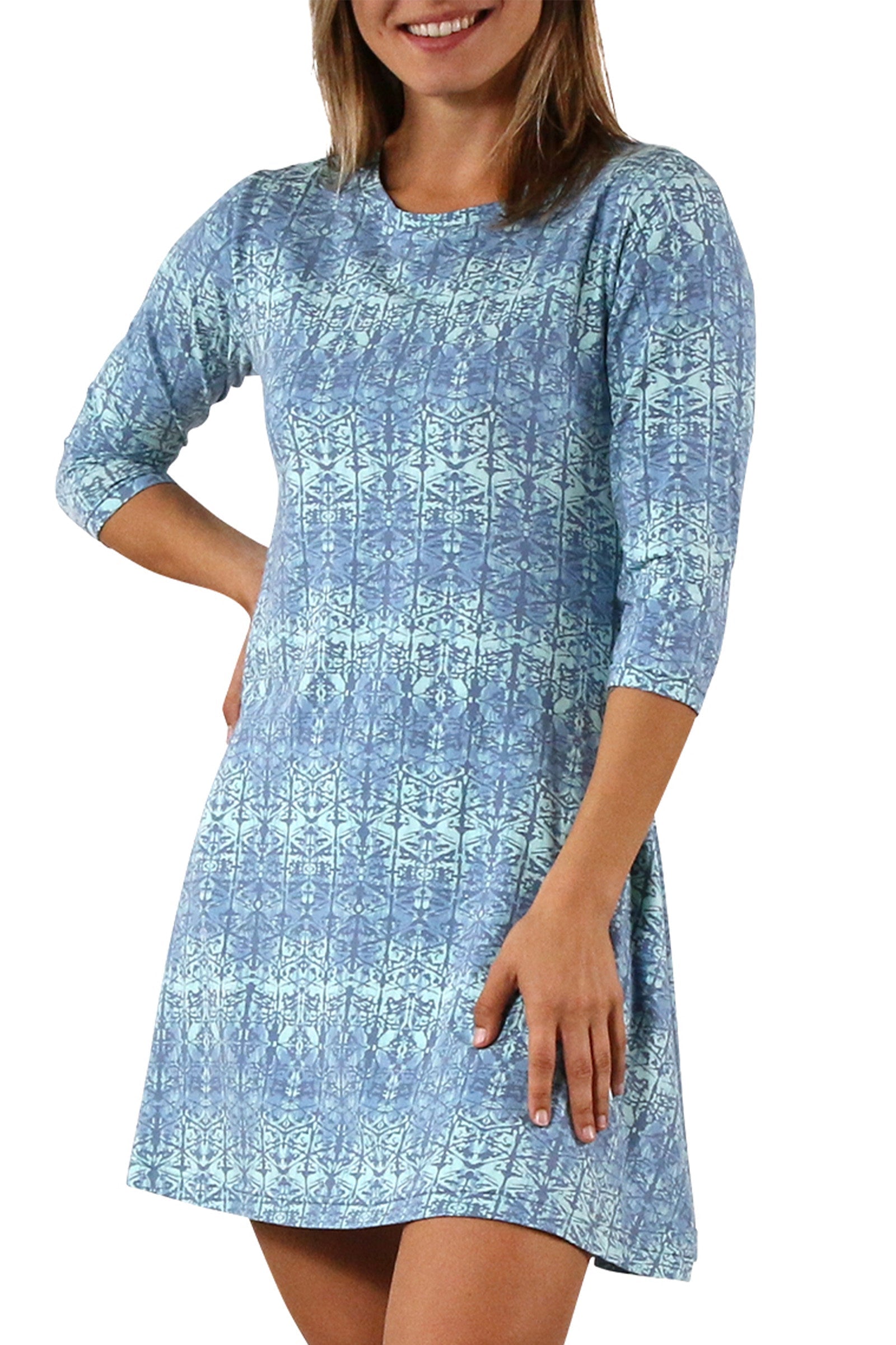Women's 3/4 Sleeve Swing Dress in Baltic Kaleidoscope|baltic-kaleidoscope