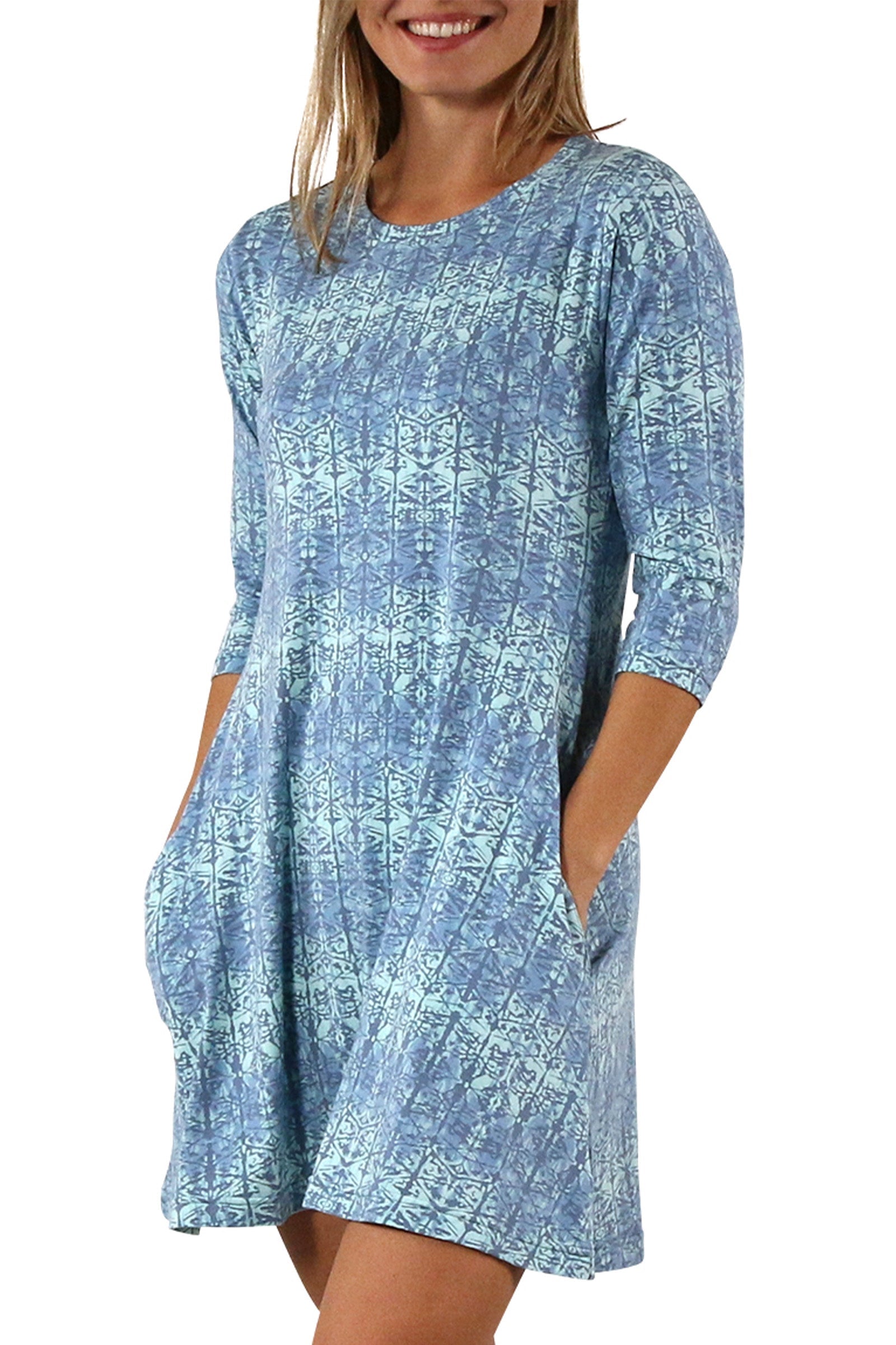 Women's 3/4 Sleeve Swing Dress in Baltic Kaleidoscope|baltic-kaleidoscope