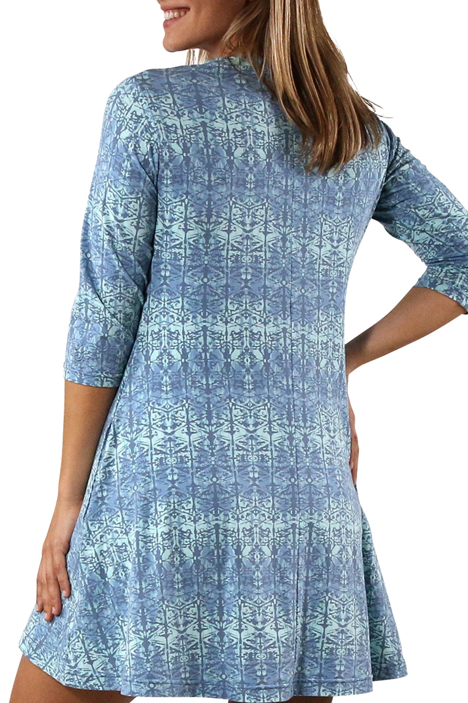 Women's 3/4 Sleeve Swing Dress in Baltic Kaleidoscope|baltic-kaleidoscope