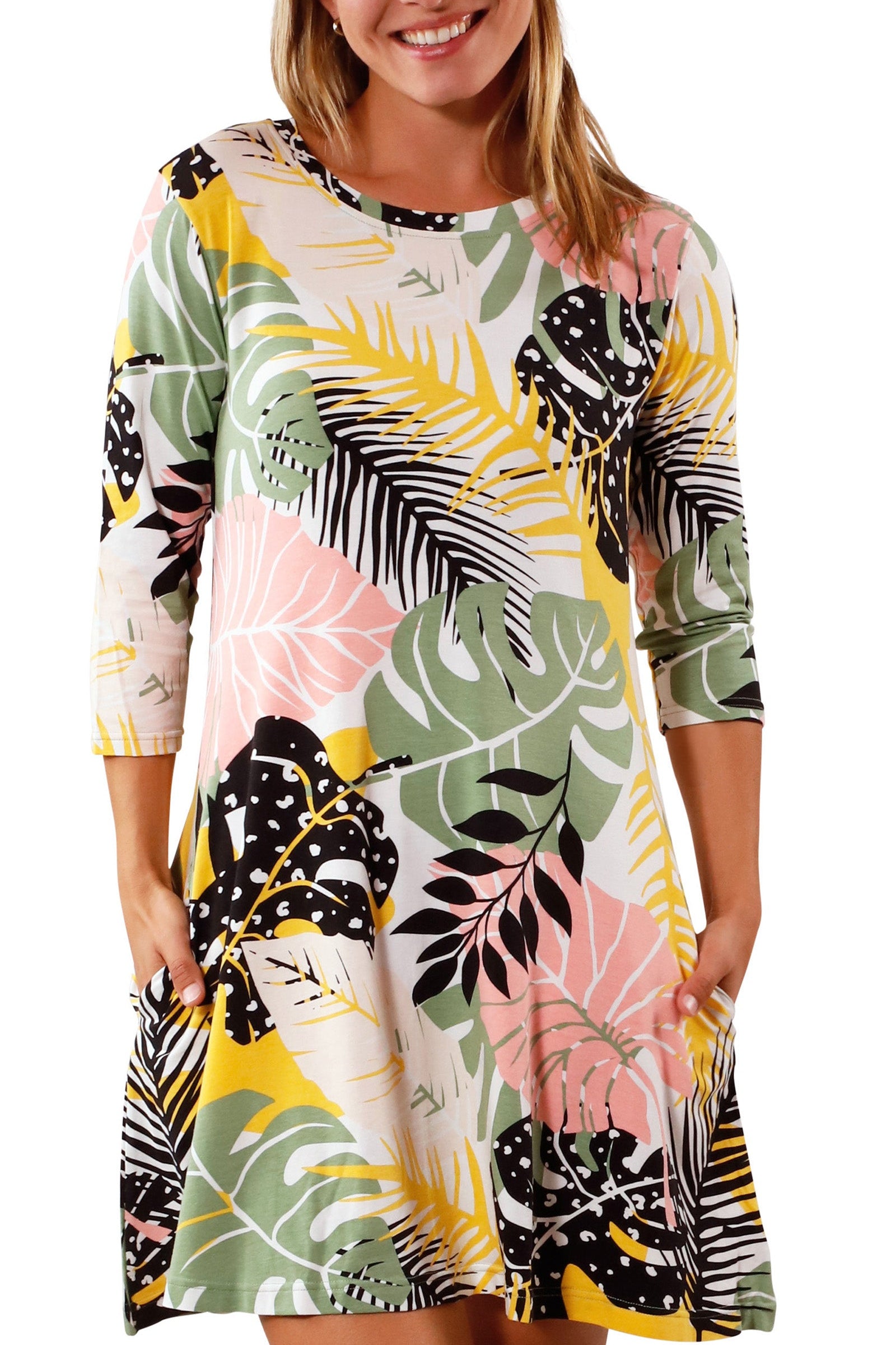 Women's 3/4 Sleeve Swing Dress in Forest Botanical|forest-botanical