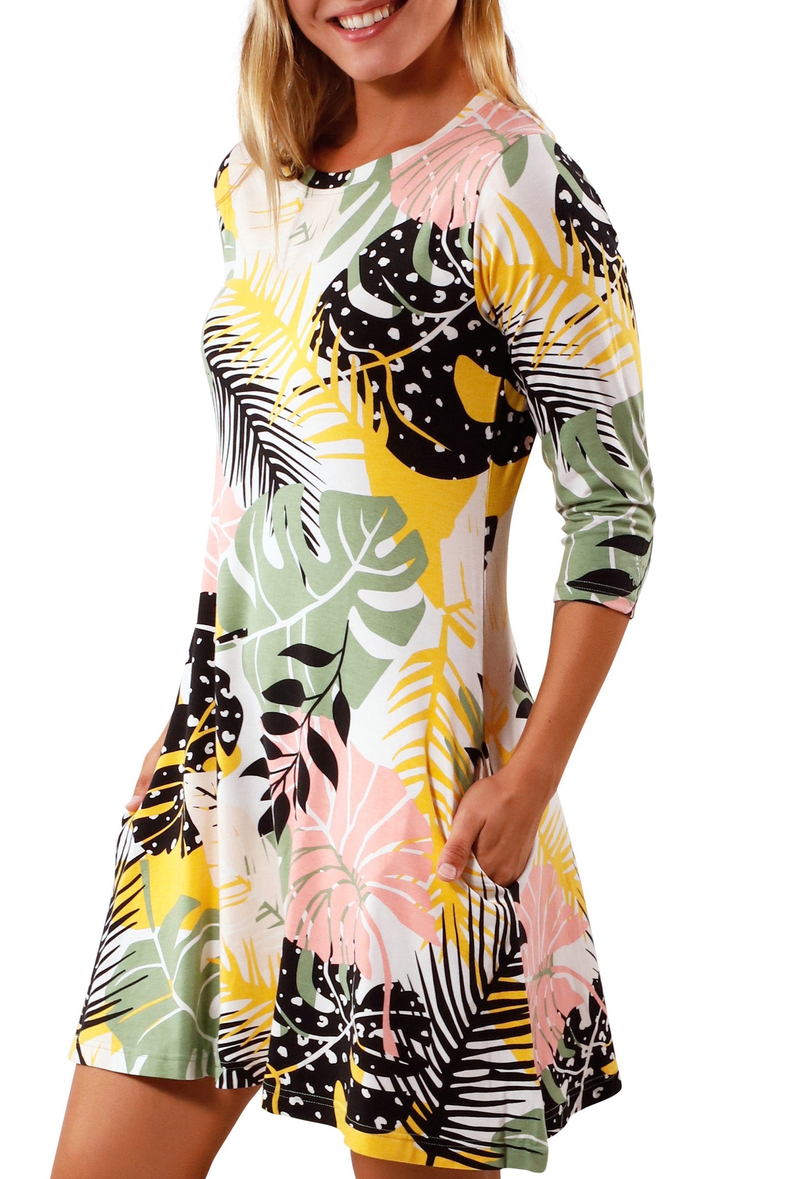 side view of Women's 3/4 Sleeve Swing Dress in Forest Botanical|forest-botanical