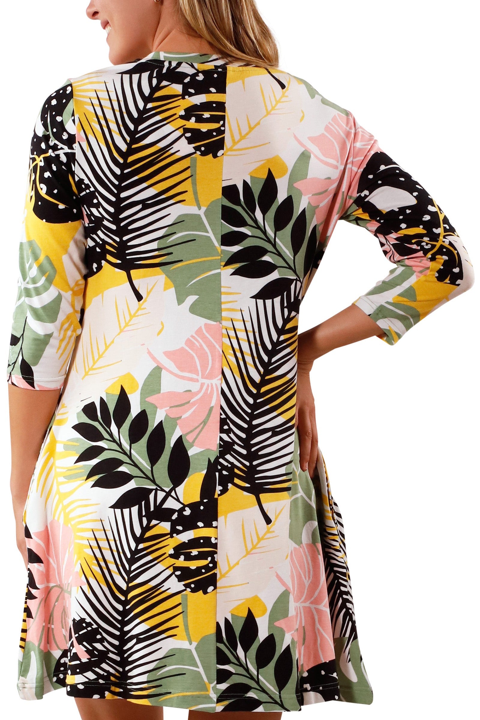 back view of Women's 3/4 Sleeve Swing Dress in Forest Botanical|forest-botanical