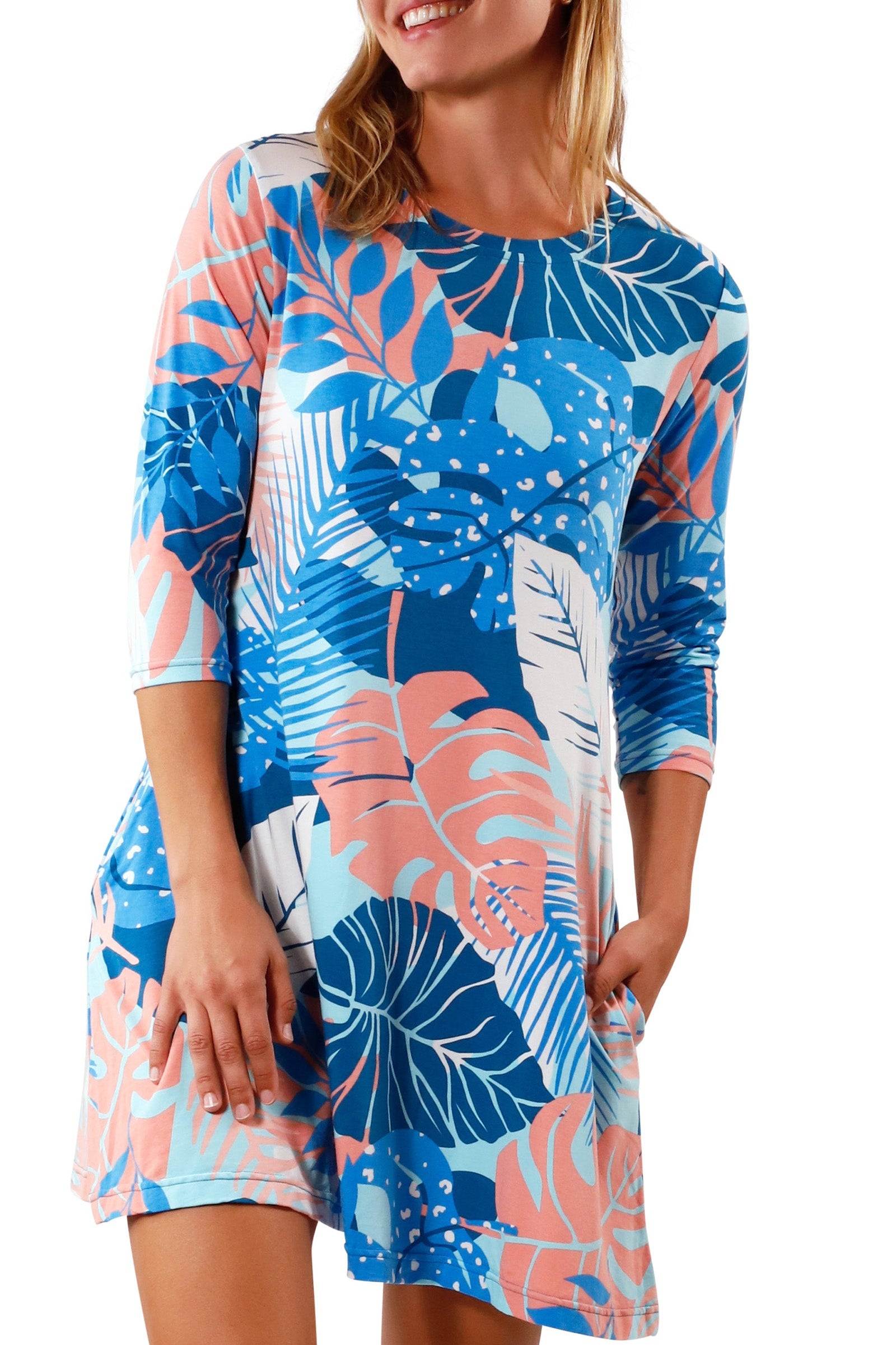 Women's 3/4 Sleeve Swing Dress in Ocean Botanical|ocean-botanical