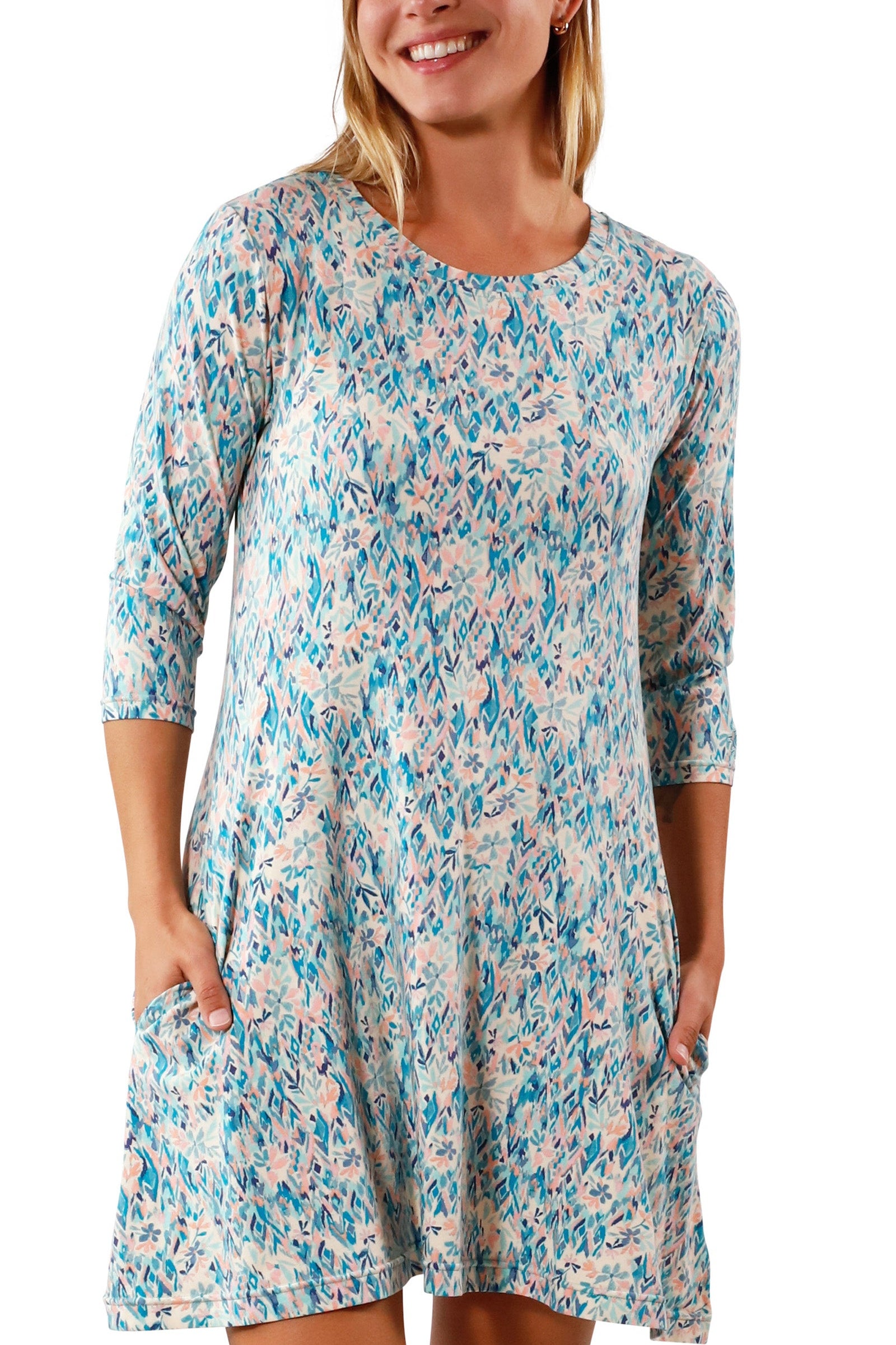 Women's 3/4 Sleeve Swing Dress in River Painted Eden|river-painted-eden