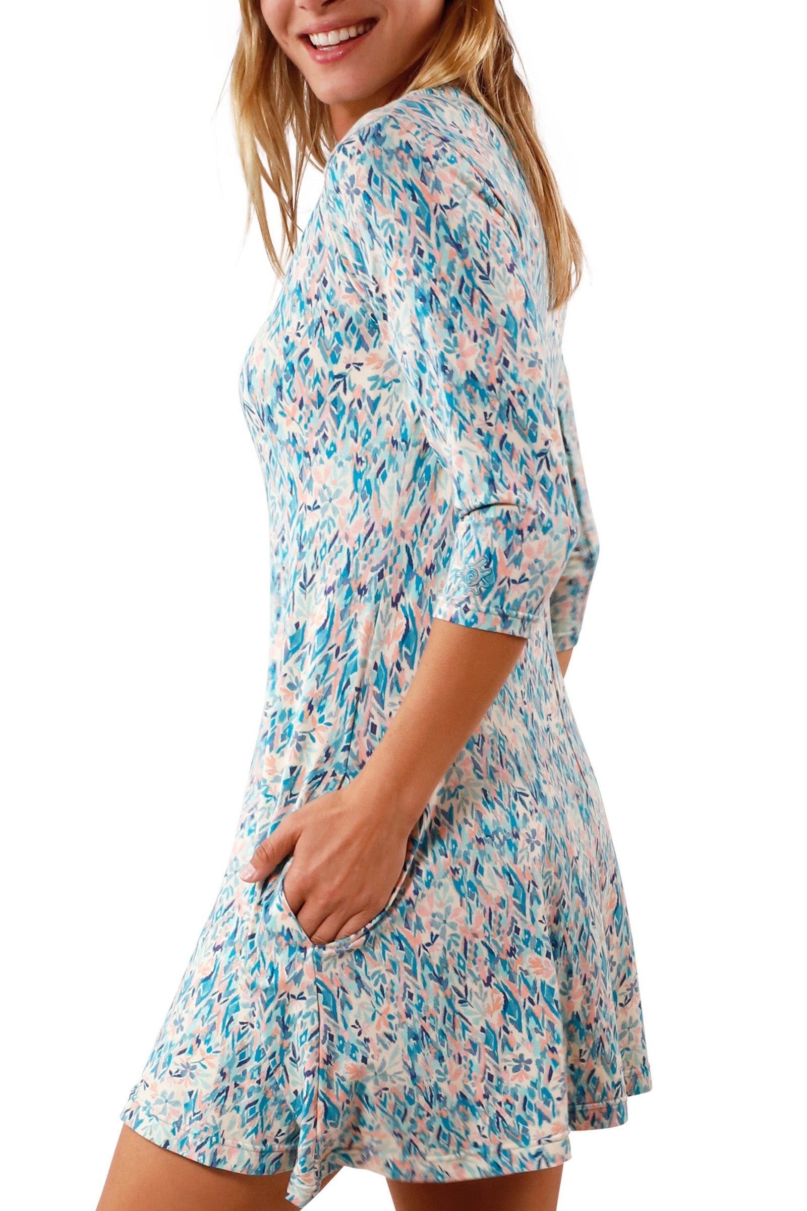 side view of Women's 3/4 Sleeve Swing Dress in River Painted Eden|river-painted-eden