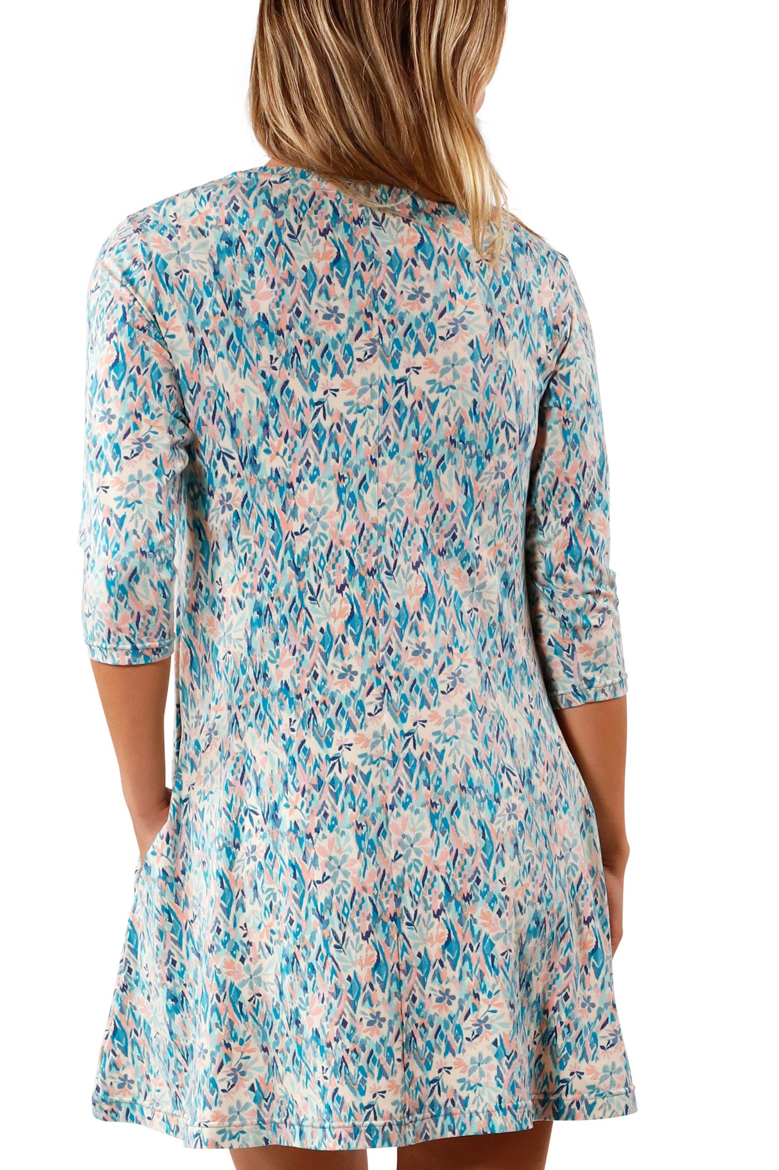 back view of Women's 3/4 Sleeve Swing Dress in River Painted Eden|river-painted-eden