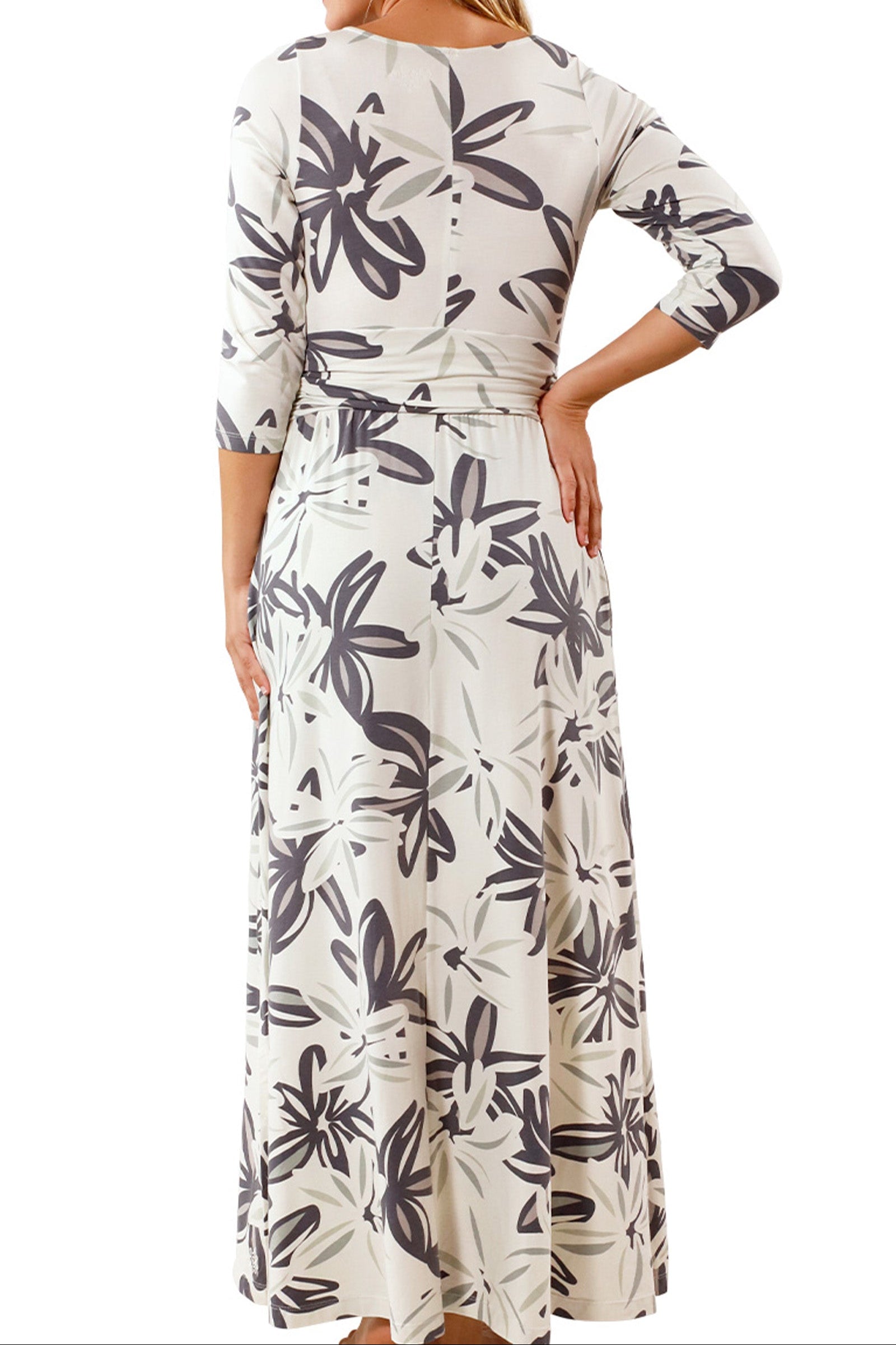 back view of womens scoop neck maxi dress in breezy floral|breezy-floral