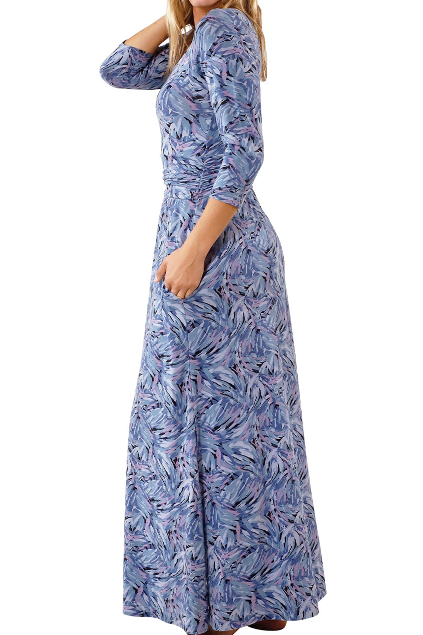 side view of womens scoop neck maxi dress in brushstrokes|brushstrokes
