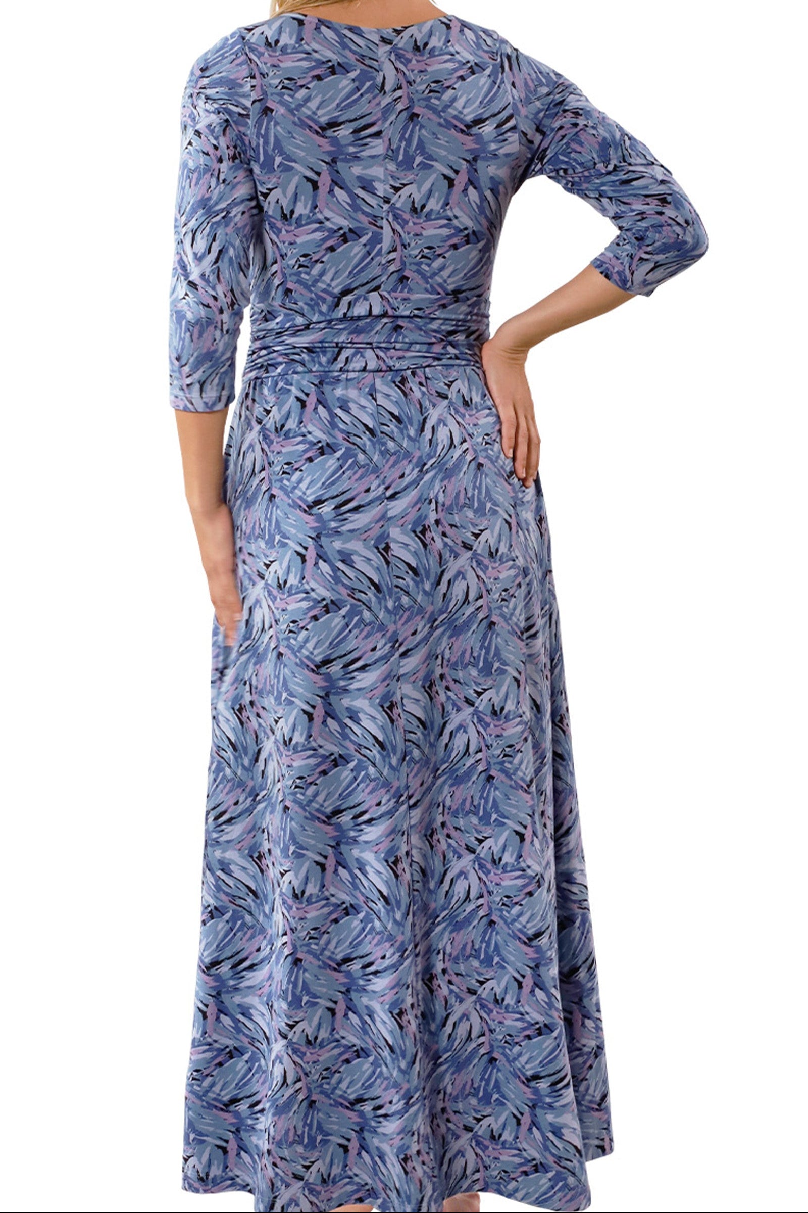 back view of womens scoop neck maxi dress in brushstrokes|brushstrokes