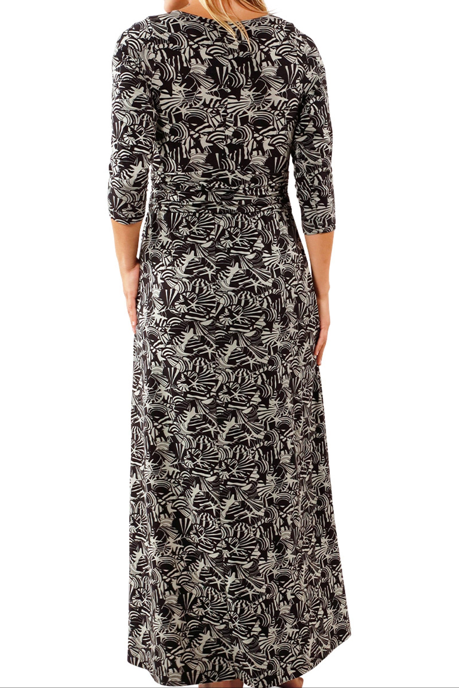 back view of womens scoop neck maxi dress in shadow shells|shadow-shells