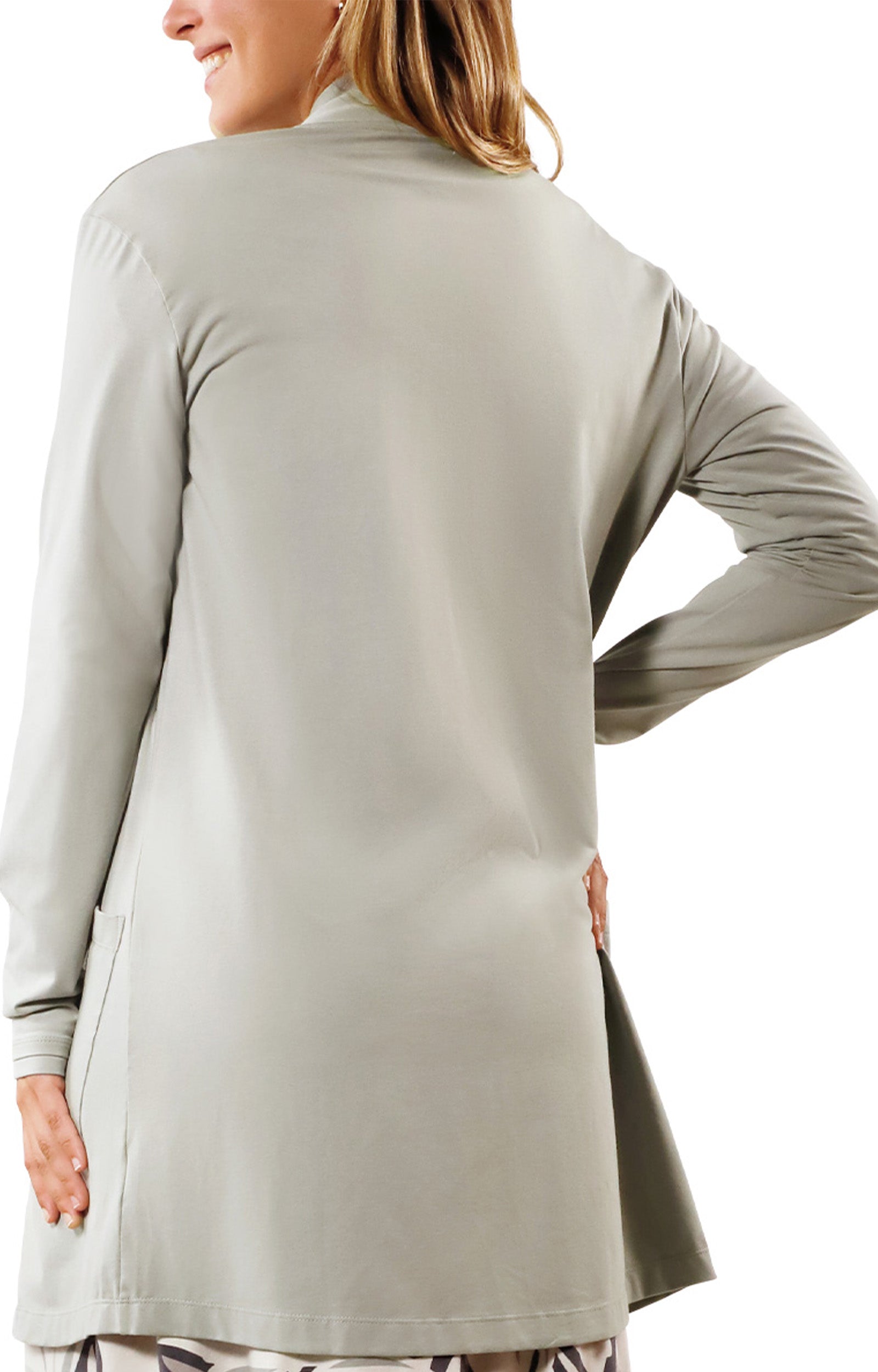 back view of womens everyday sun layer in agave|agave