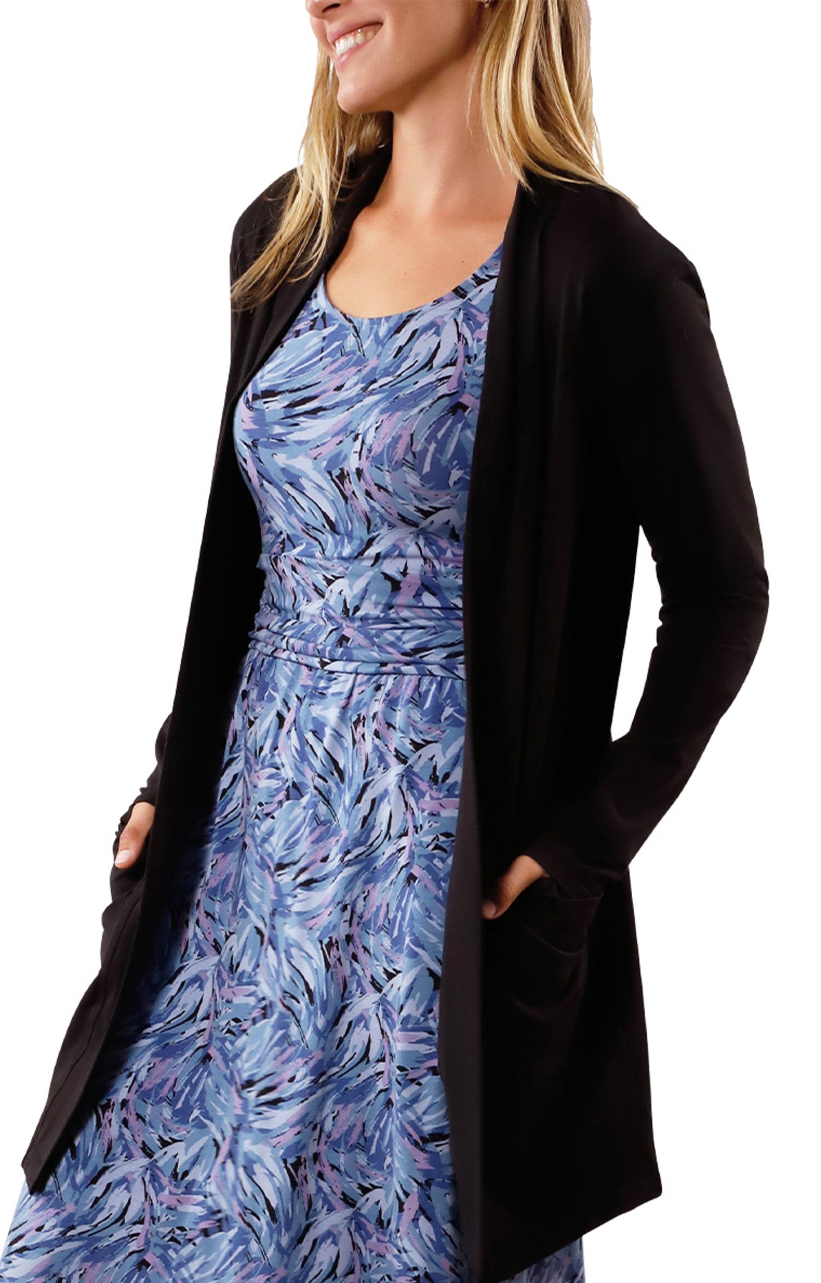 side view of womens everyday sun layer in black|black