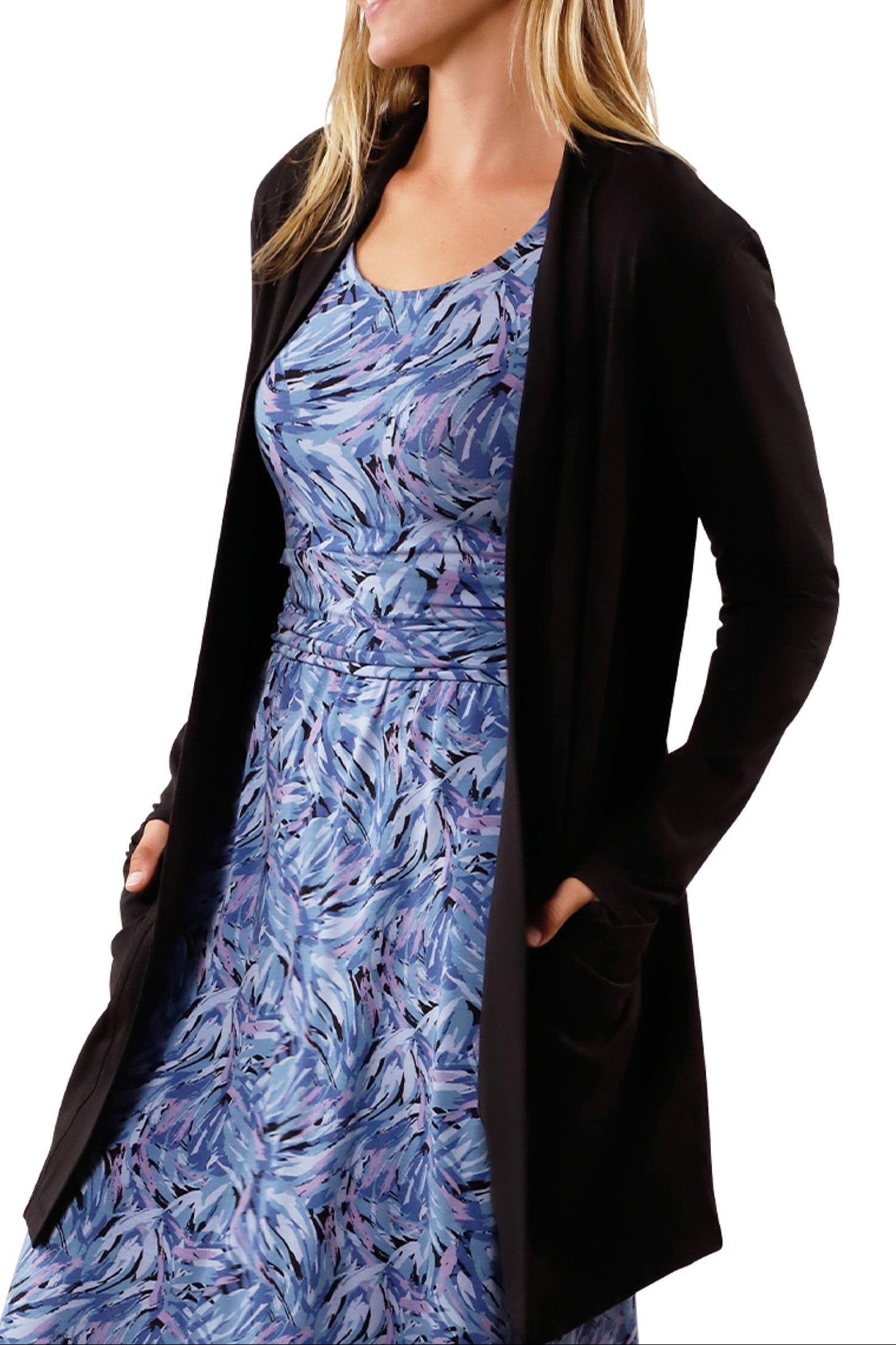 side view of womens everyday sun layer in black|black