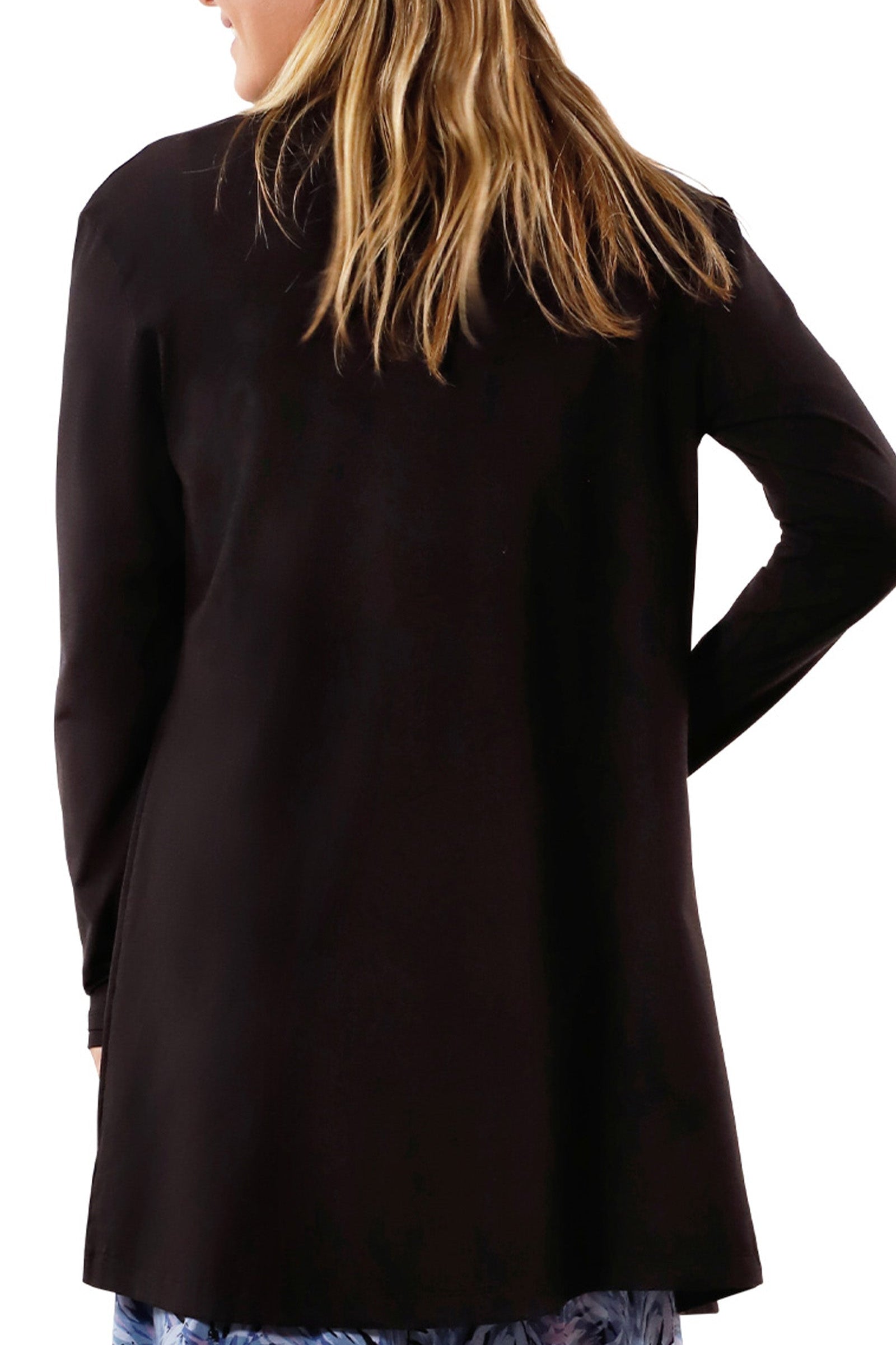 back view of womens everyday sun layer in black|black