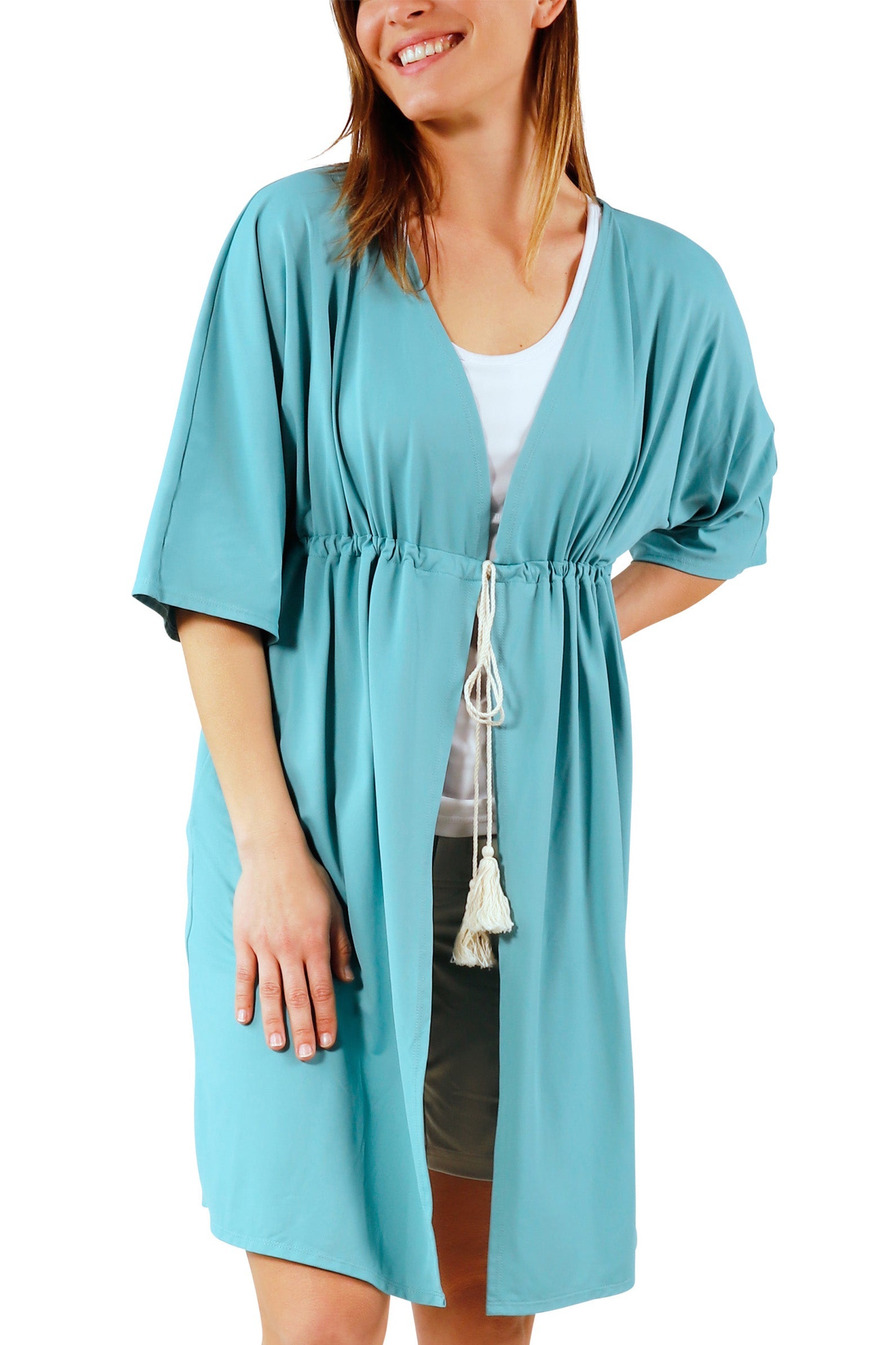 womens front tie sun kimono in river|river