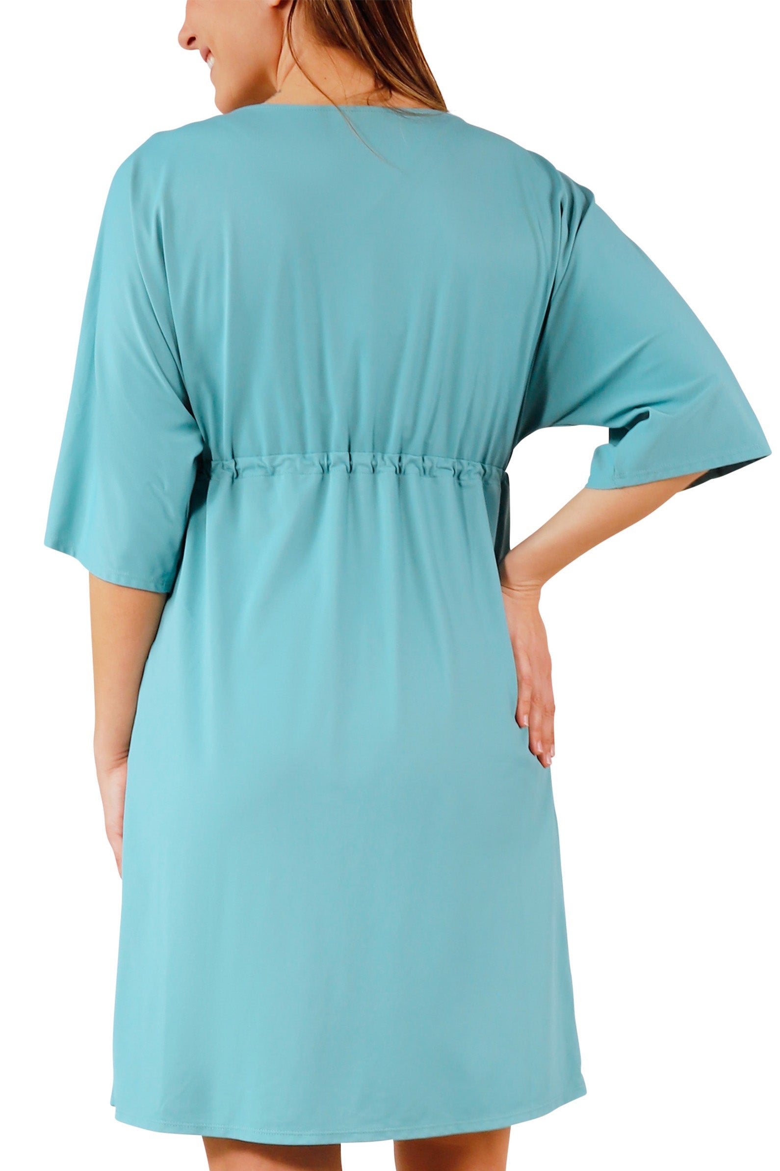 back view of womens front tie sun kimono in river|river