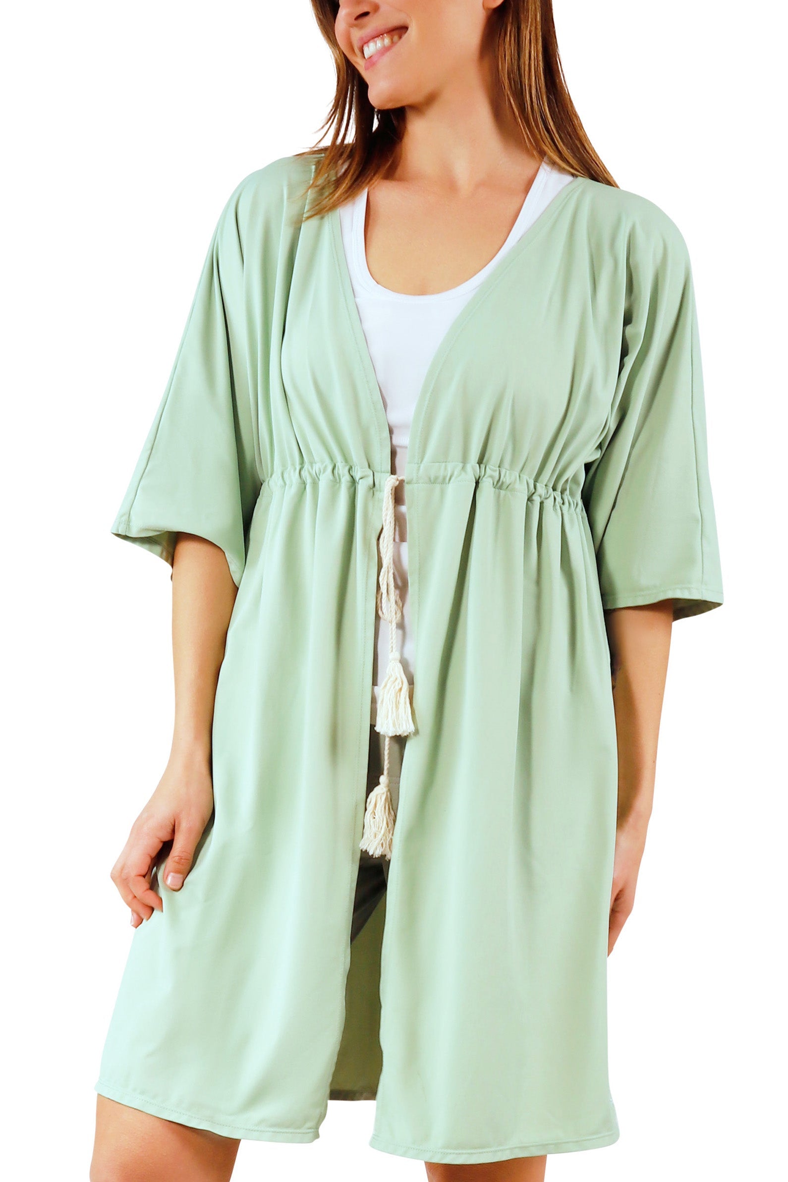 women's front tie sun kimono in frosty green|frosty-green